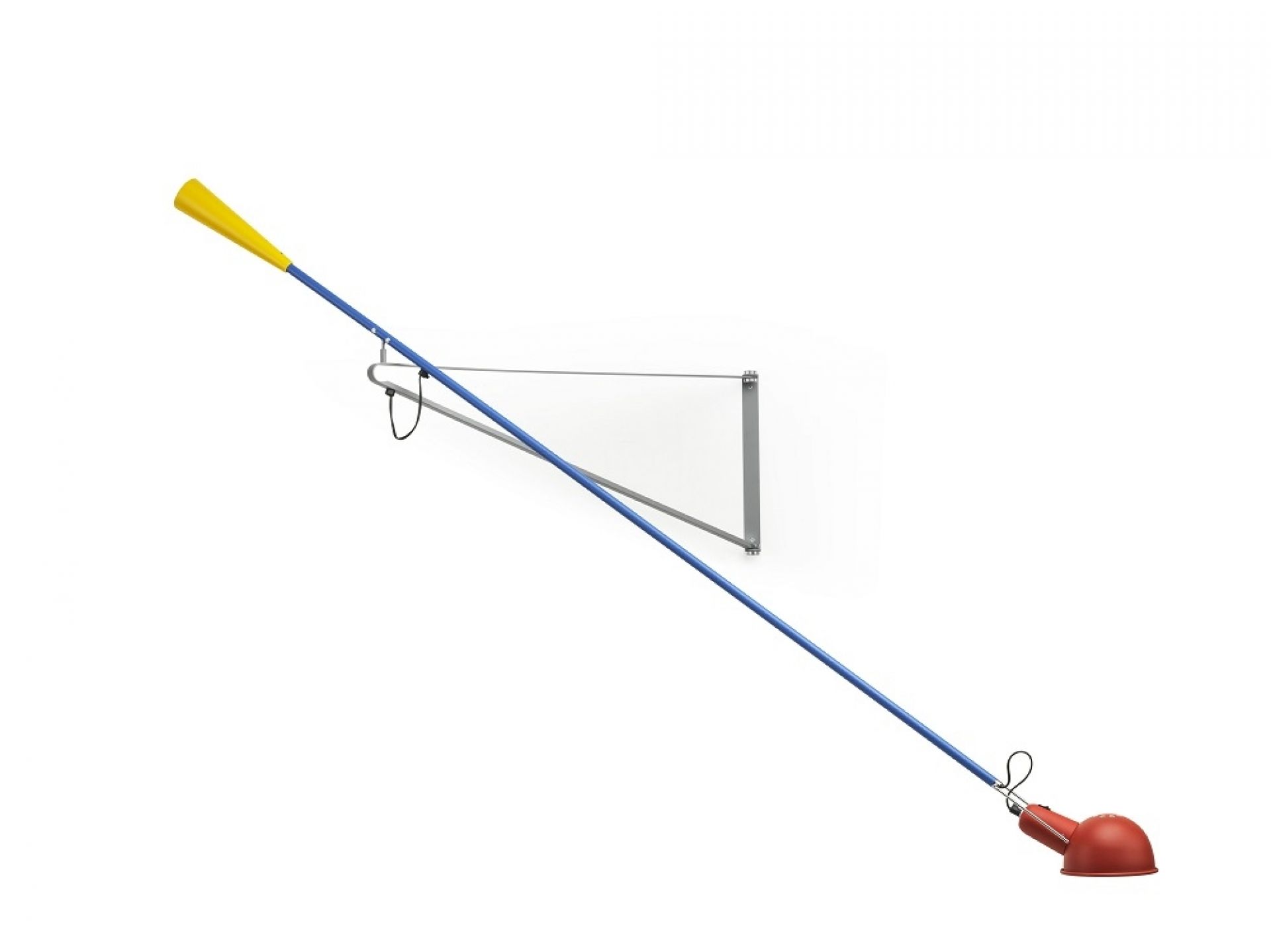 Flos 265 Chromatica Wandleuchte: Verstellbare Design-Wandlampe mit blauem Arm, gelbem Gegengewicht und rotem Lampenschirm.