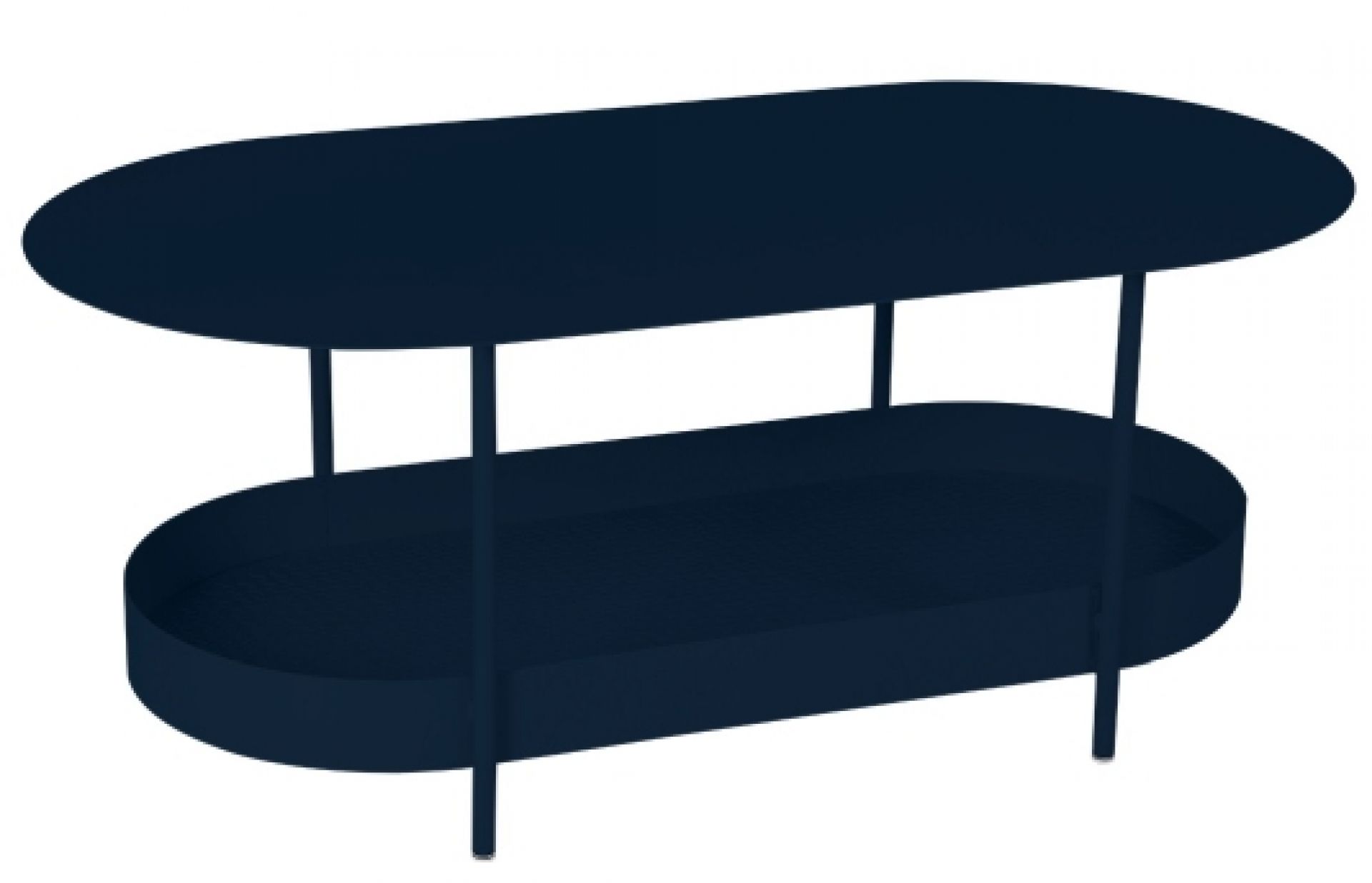 Blauer Salsa Outdoor Tisch von Fermob mit ovaler Tischplatte und Ablage.