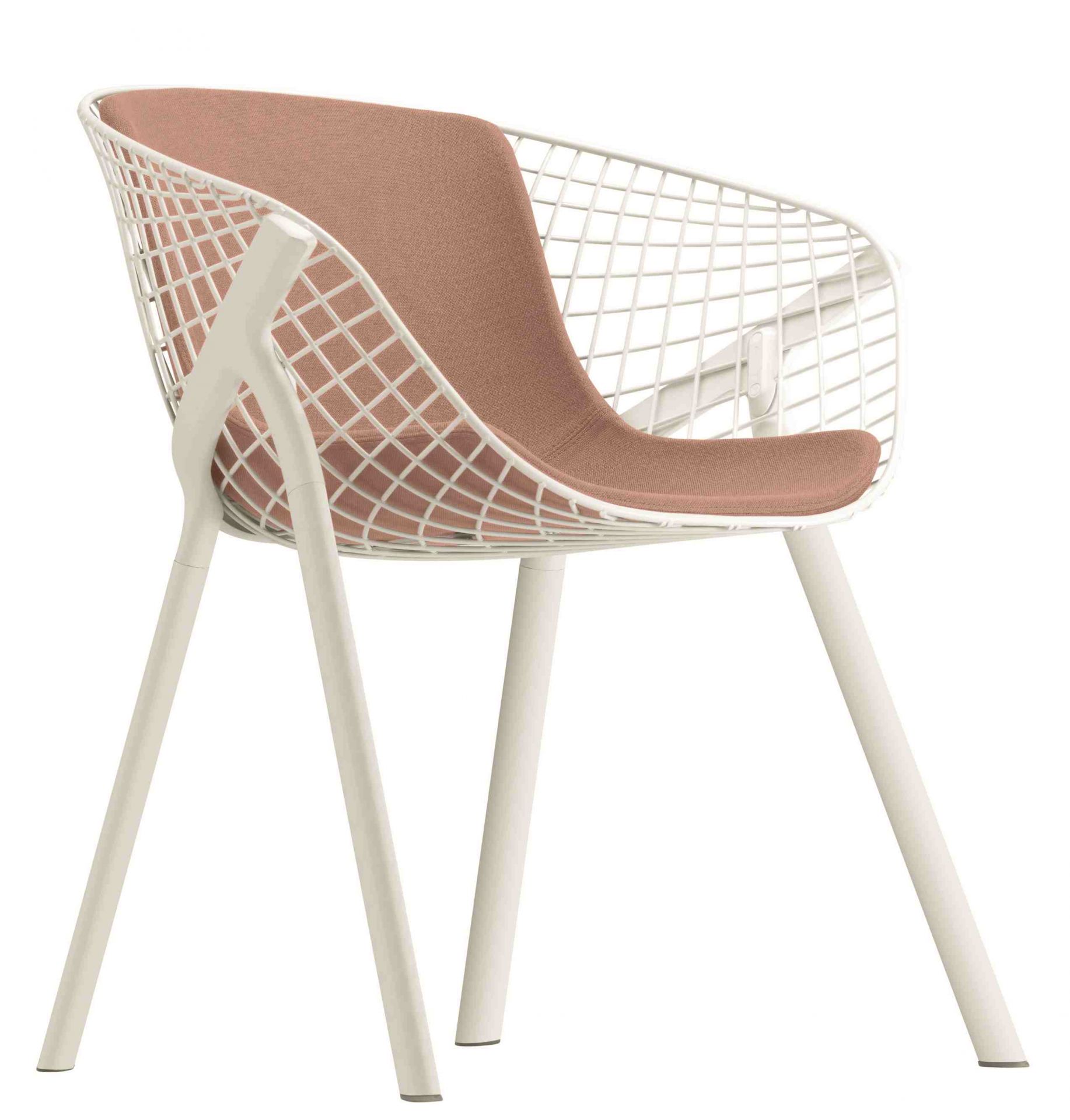 Kobi Chair Stuhl mit Armlehne, weißes Drahtgestell und rosa Sitzpolster, moderner Design Stuhl.