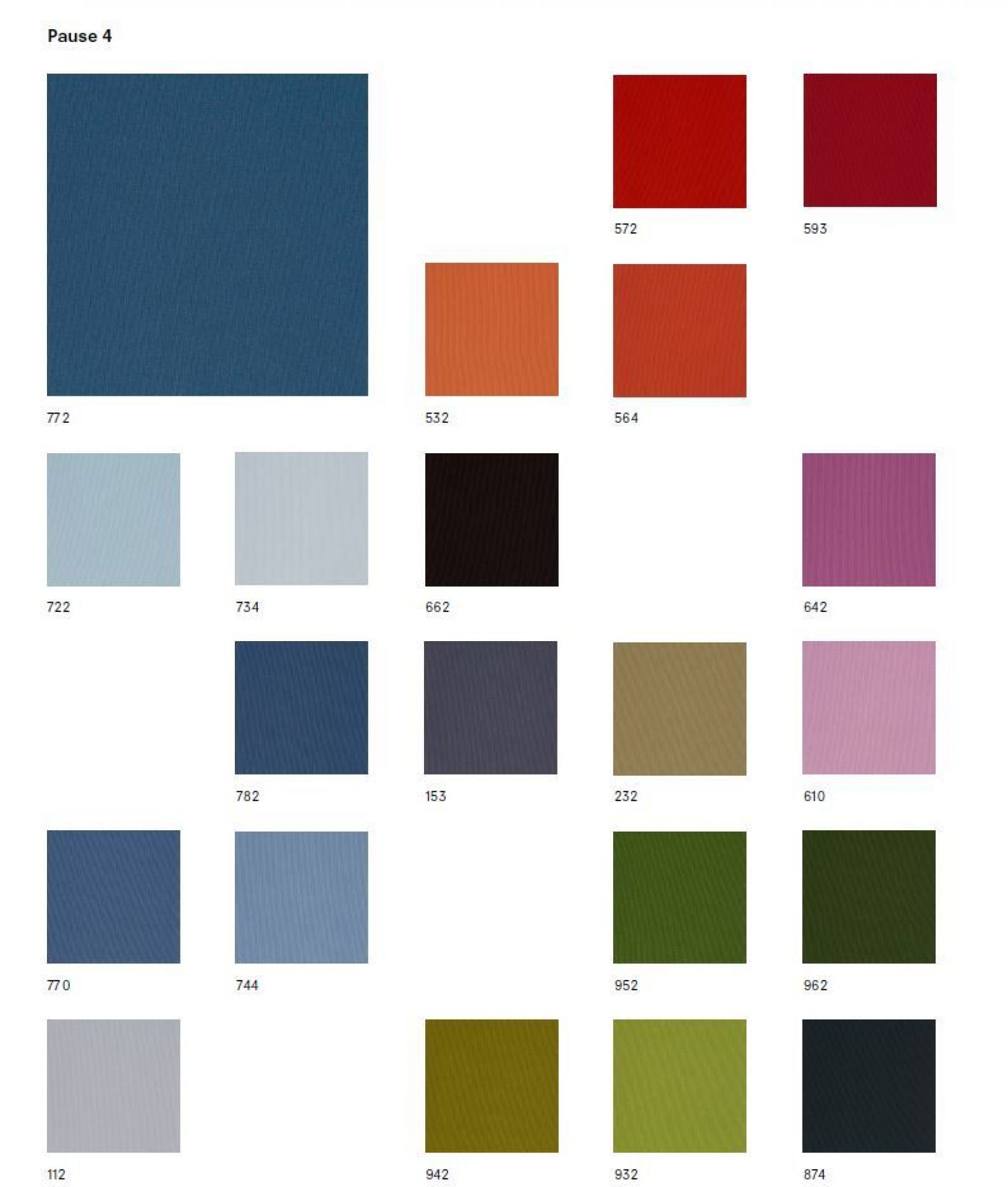Stoffmusterkarte Pause 4 von Kvadrat mit verschiedenen Farbvarianten und Nummern für Möbelstoffe und Polsterstoffe.