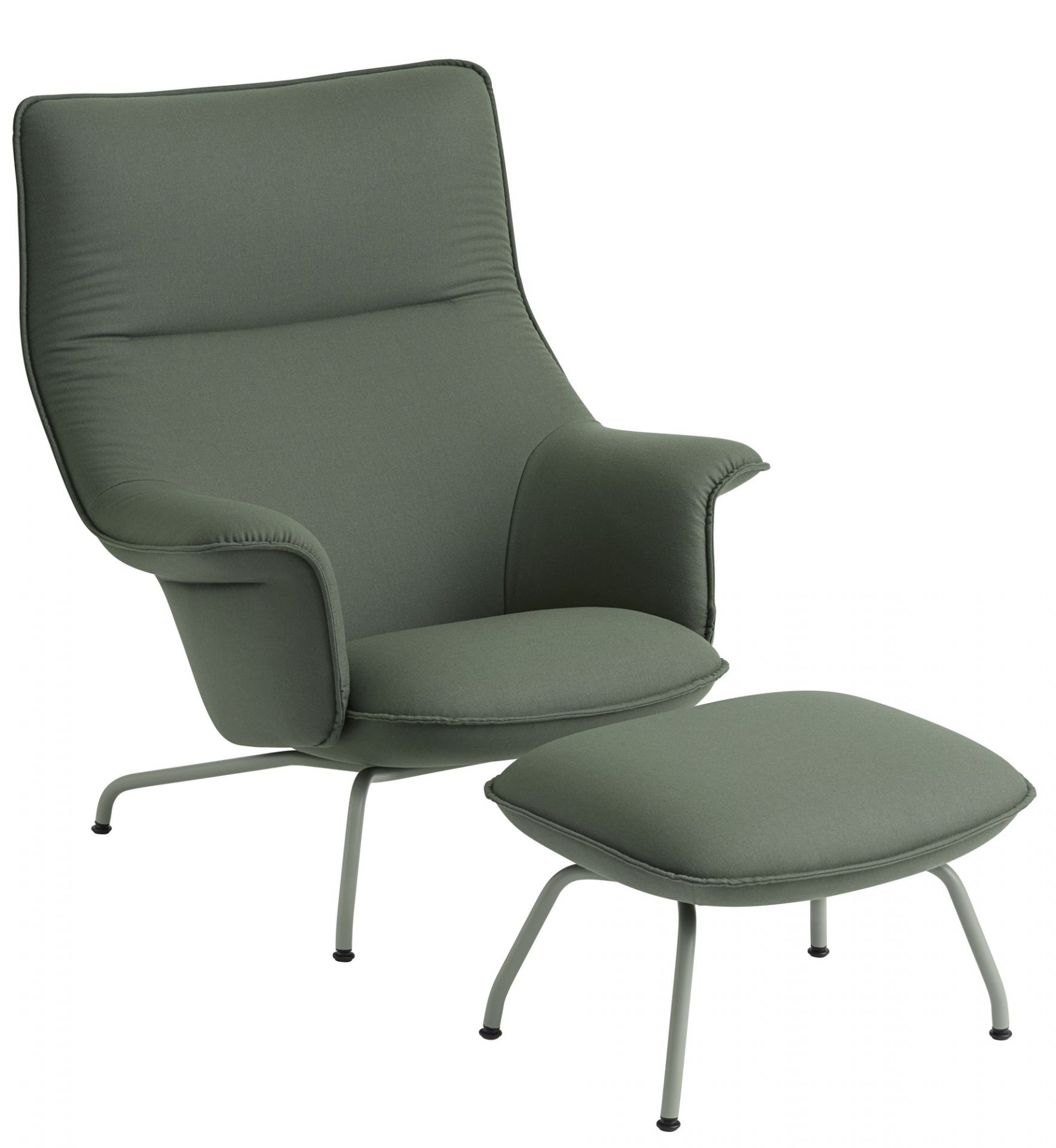 Muuto Doze Sessel mit Hocker in Olivgrün, moderner skandinavischer Loungesessel für Wohnzimmer und Entspannung.