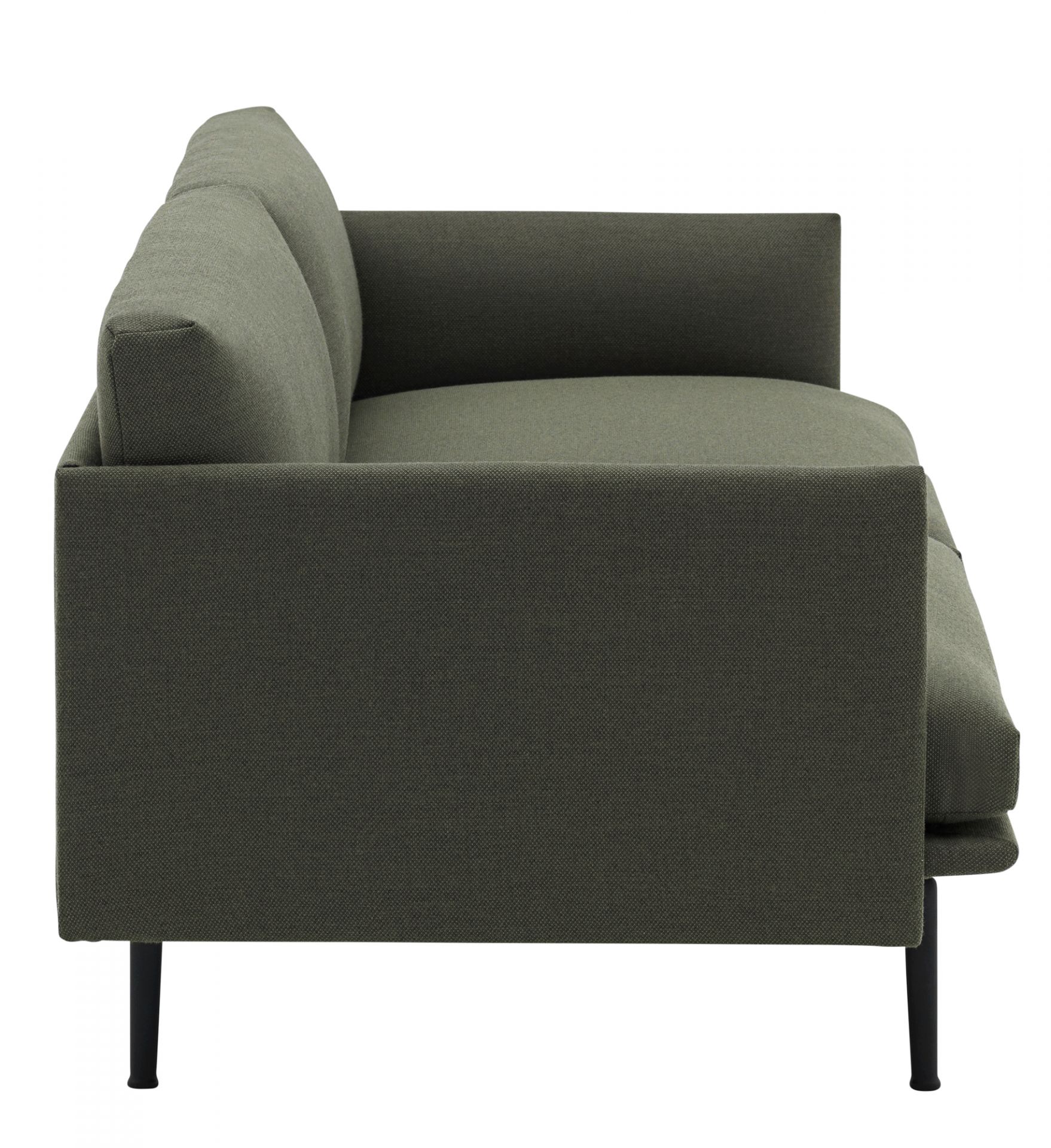 Muuto Outline Sofa, 3-Sitzer in Olivgrün, modernes Design Sofa mit schwarzen Füßen, Seitenansicht.