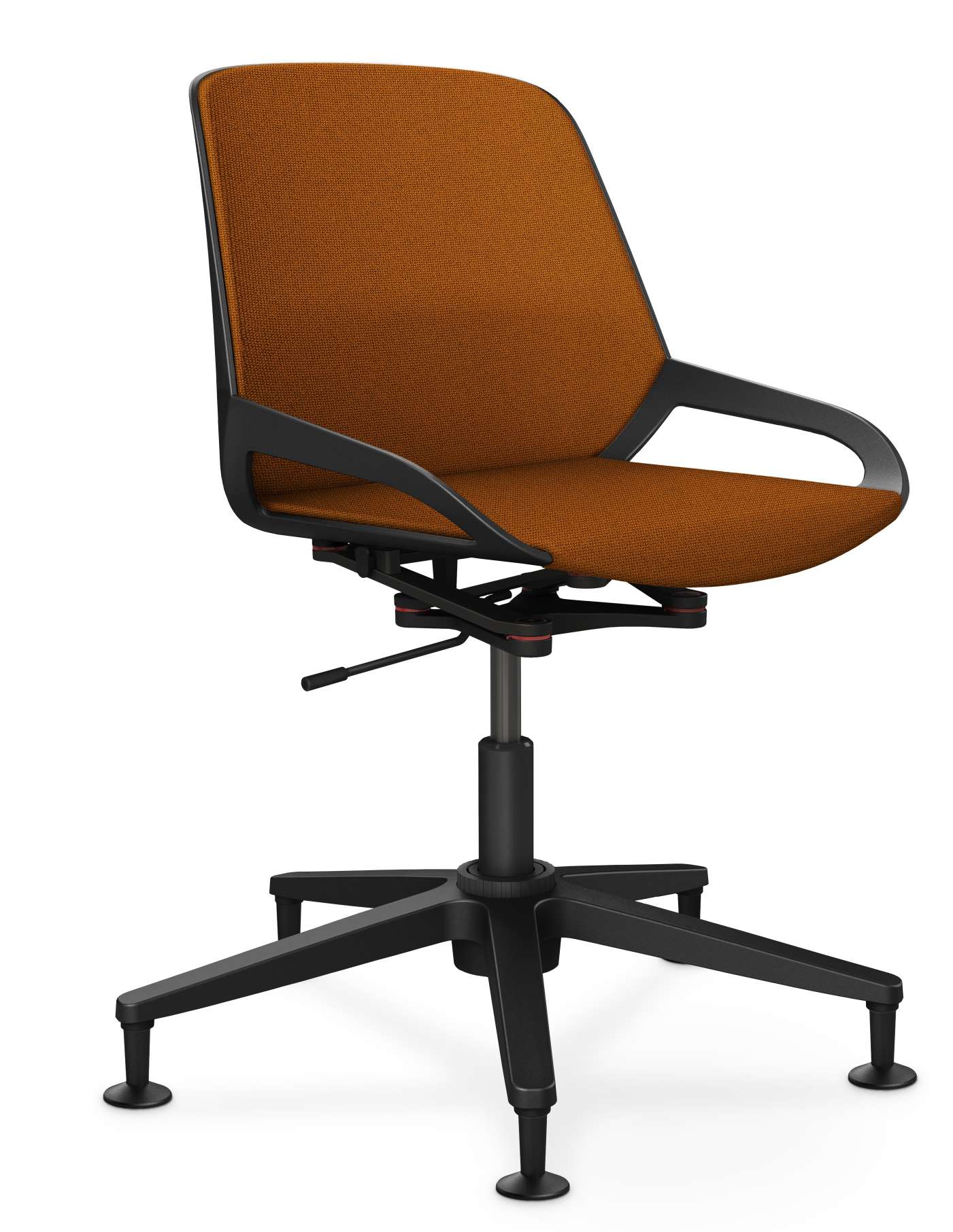 Numo Task Bürodrehstuhl von Aeris mit orangefarbenem Stoffbezug, schwarzem Gestell und Gleitern für harte Böden.