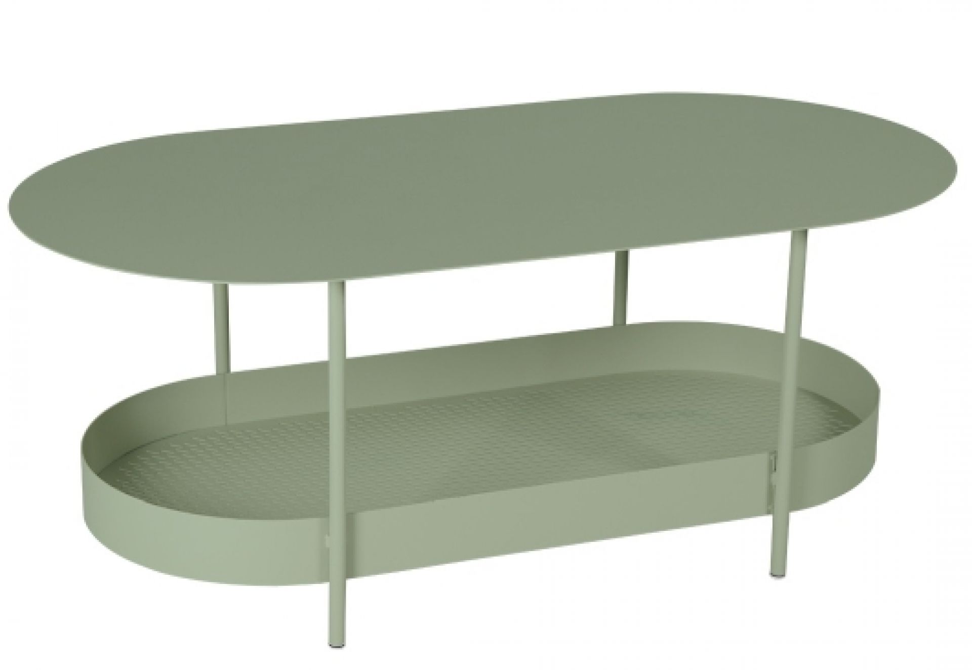 Salsa Outdoor Tisch von Fermob, niedriger Beistelltisch aus Metall in Salbeigrün mit Ablage.