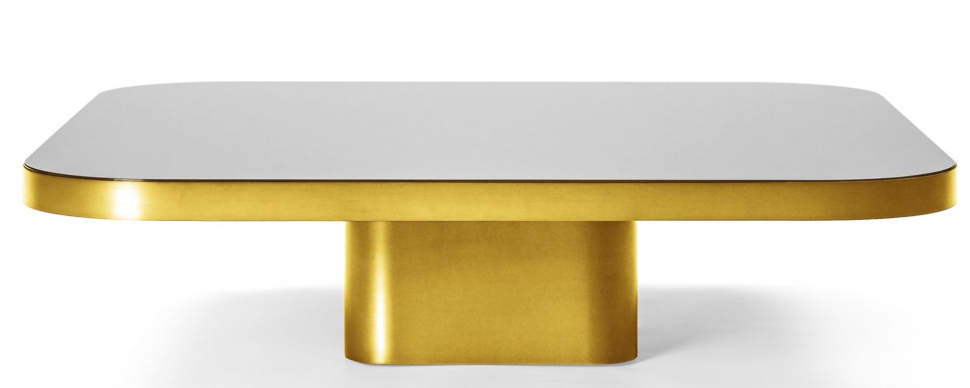 ClassiCon Bow Coffee Table No. 5: Moderner Couchtisch mit weißer Tischplatte und goldenem Untergestell.