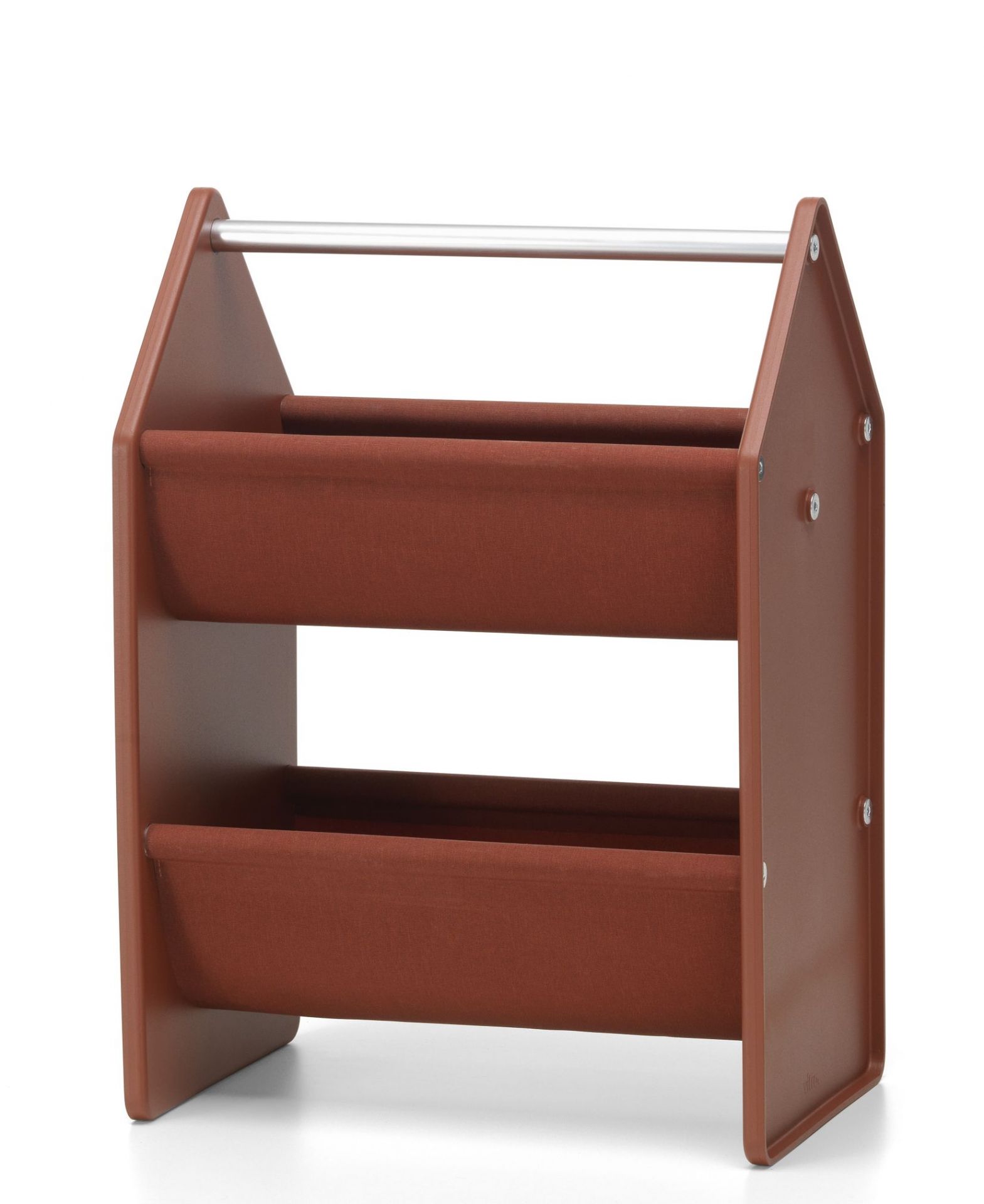 Braune Vitra Drop Box Aufbewahrungsbox mit zwei Stofffächern und einem silbernen Griff für Kinderzimmer.