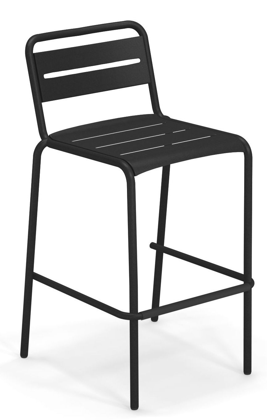 Schwarzer Star Barhocker von Emu für den Außenbereich, moderner Metall-Barstuhl mit Rückenlehne und Fußstütze.