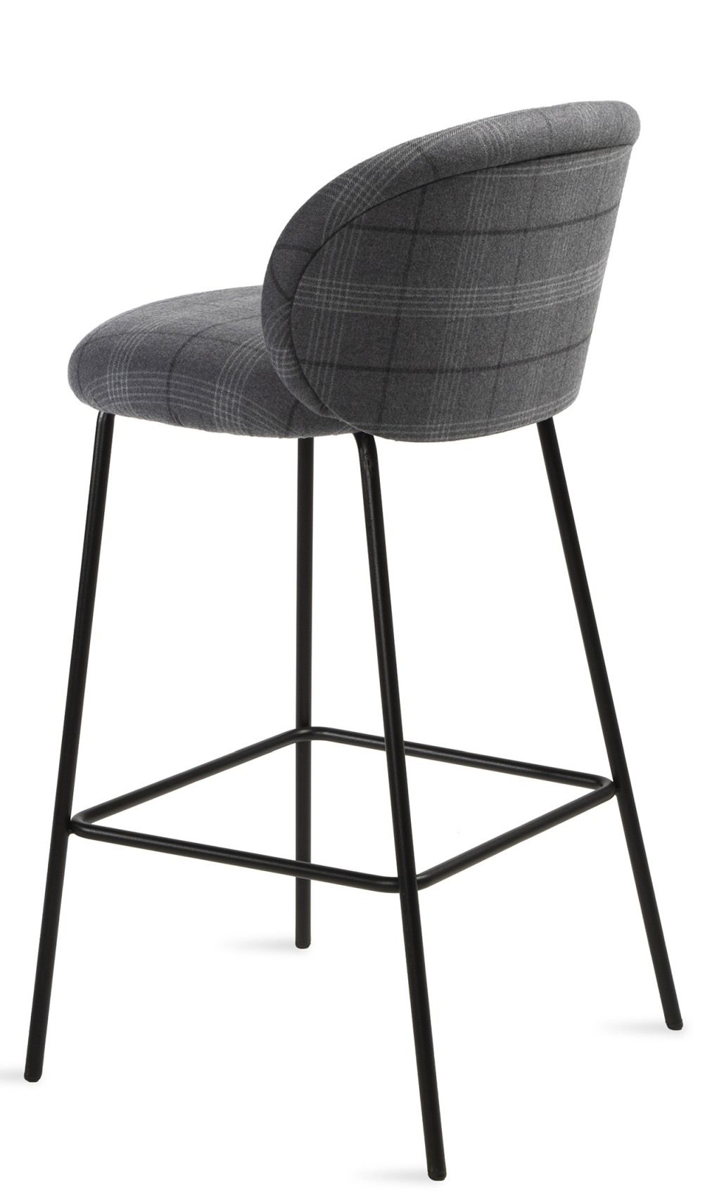 Ona Counterstool Barhocker von Freifrau Manufaktur mit grau kariertem Bezug und schwarzem Metallgestell.