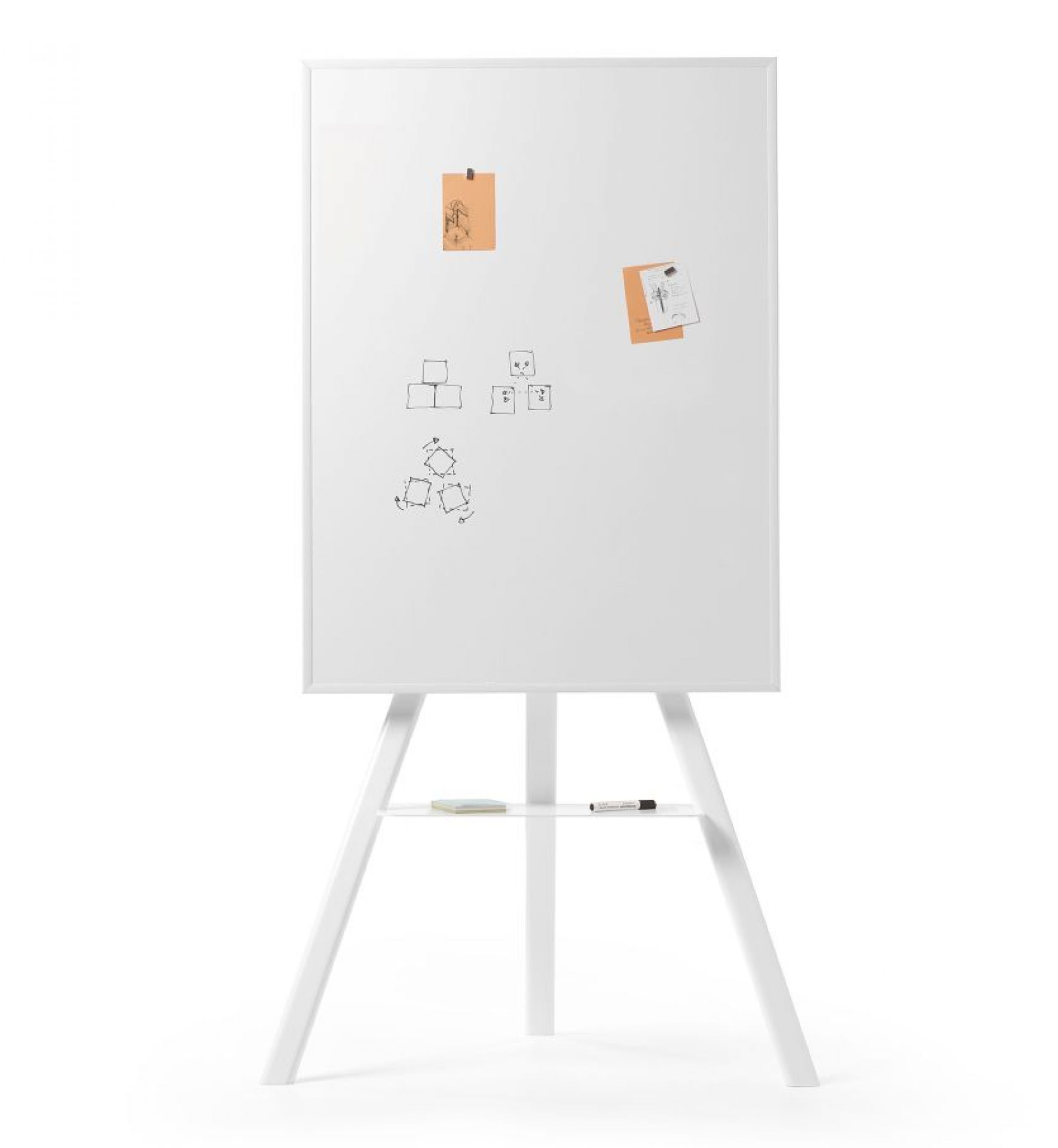 Cartesio Whiteboard von Opinion Ciatti auf weißem Multimediaständer mit Notizen und Zeichnungen.