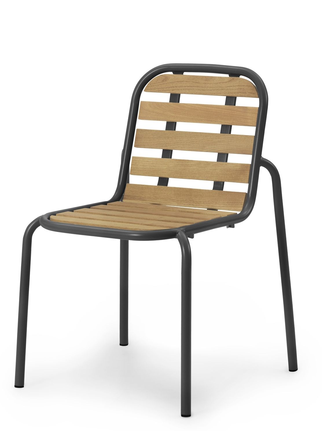 Vig Chair Wood Stuhl von Normann Copenhagen für den Außenbereich, Holzlatten und graues Metallgestell.
