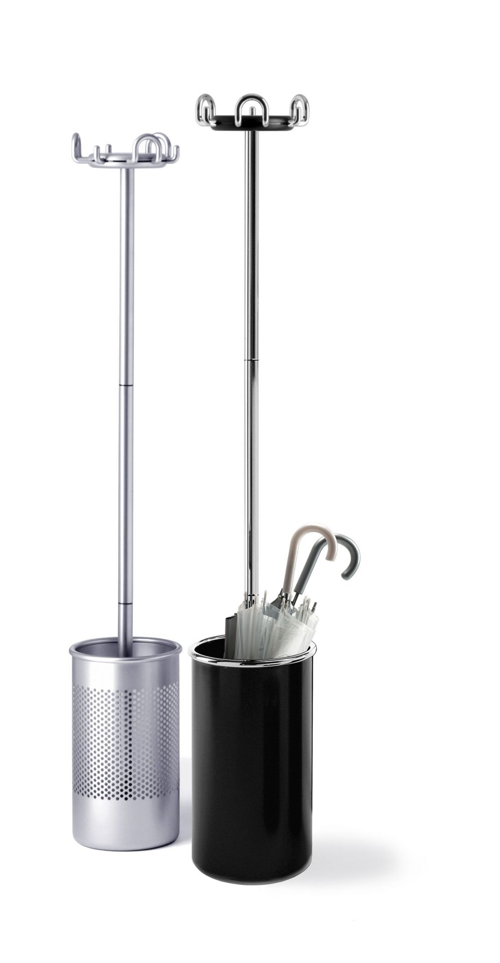 Cribbio Kleiderständer mit Schirmständer in Silber und Schwarz, modernes Design für Flur und Büro.