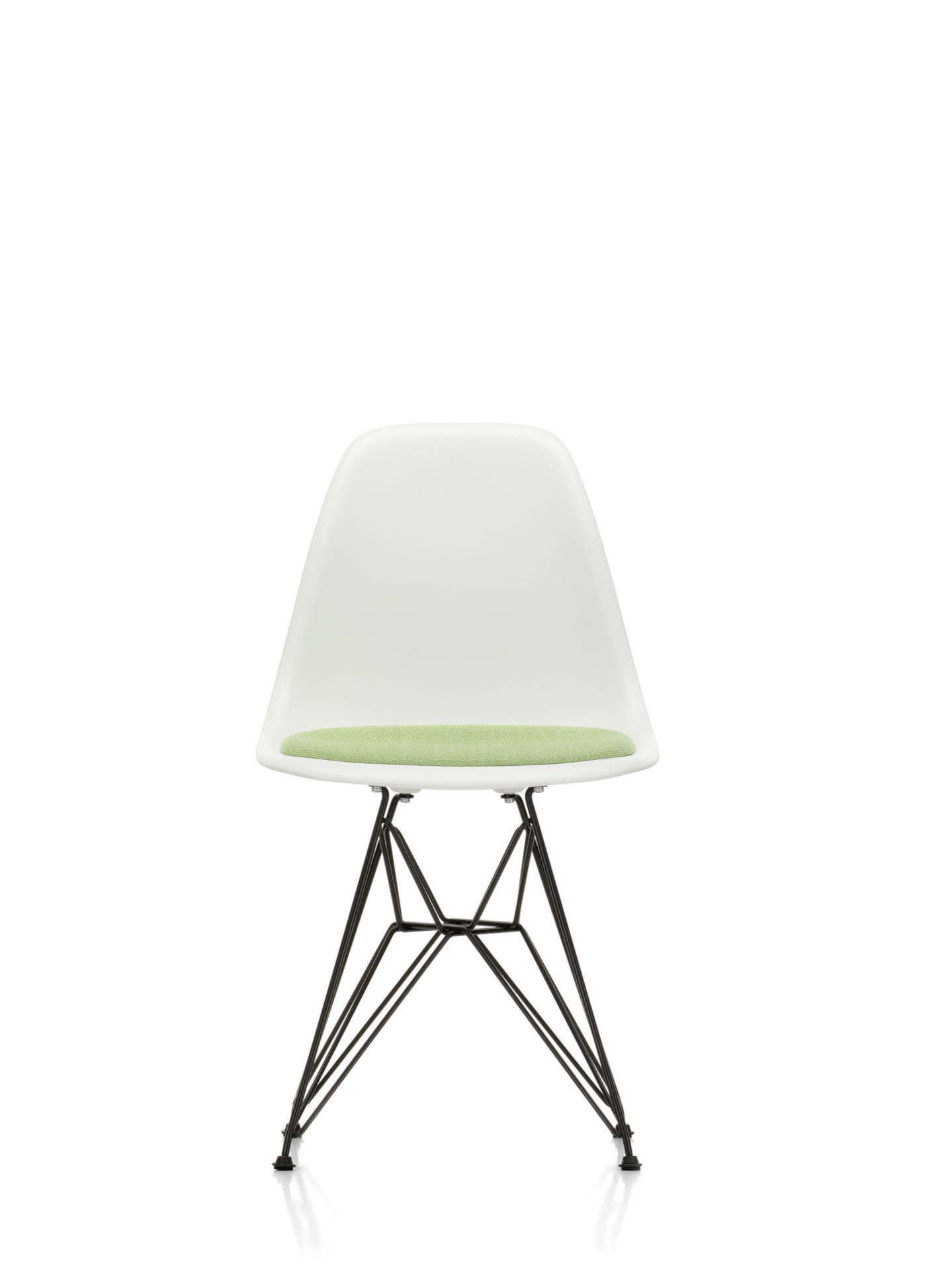 Eames Side Chair DSR Stuhl Vitra, Kiesel, mit grünem Sitzpolster und Chromgestell.