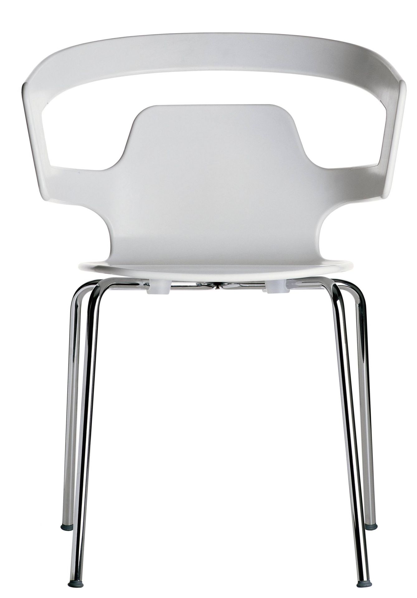 Weißer Segesta Chair 500 Stuhl Alias mit Armlehne und verchromten Metallbeinen, Ansicht von vorne.