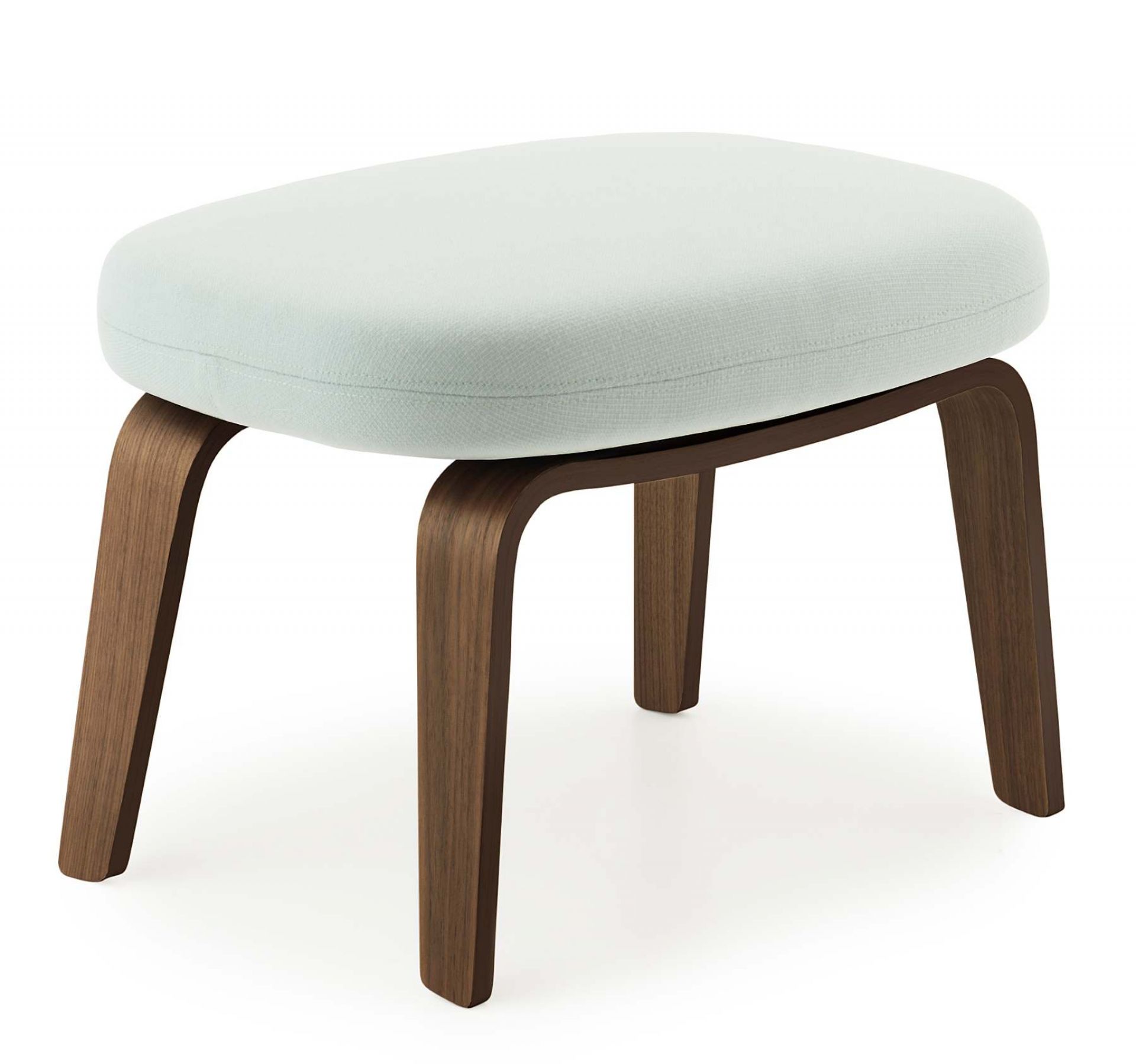 Era Footstool Fußhocker von Normann Copenhagen mit hellblauem Stoffbezug und dunklem Holzgestell.
