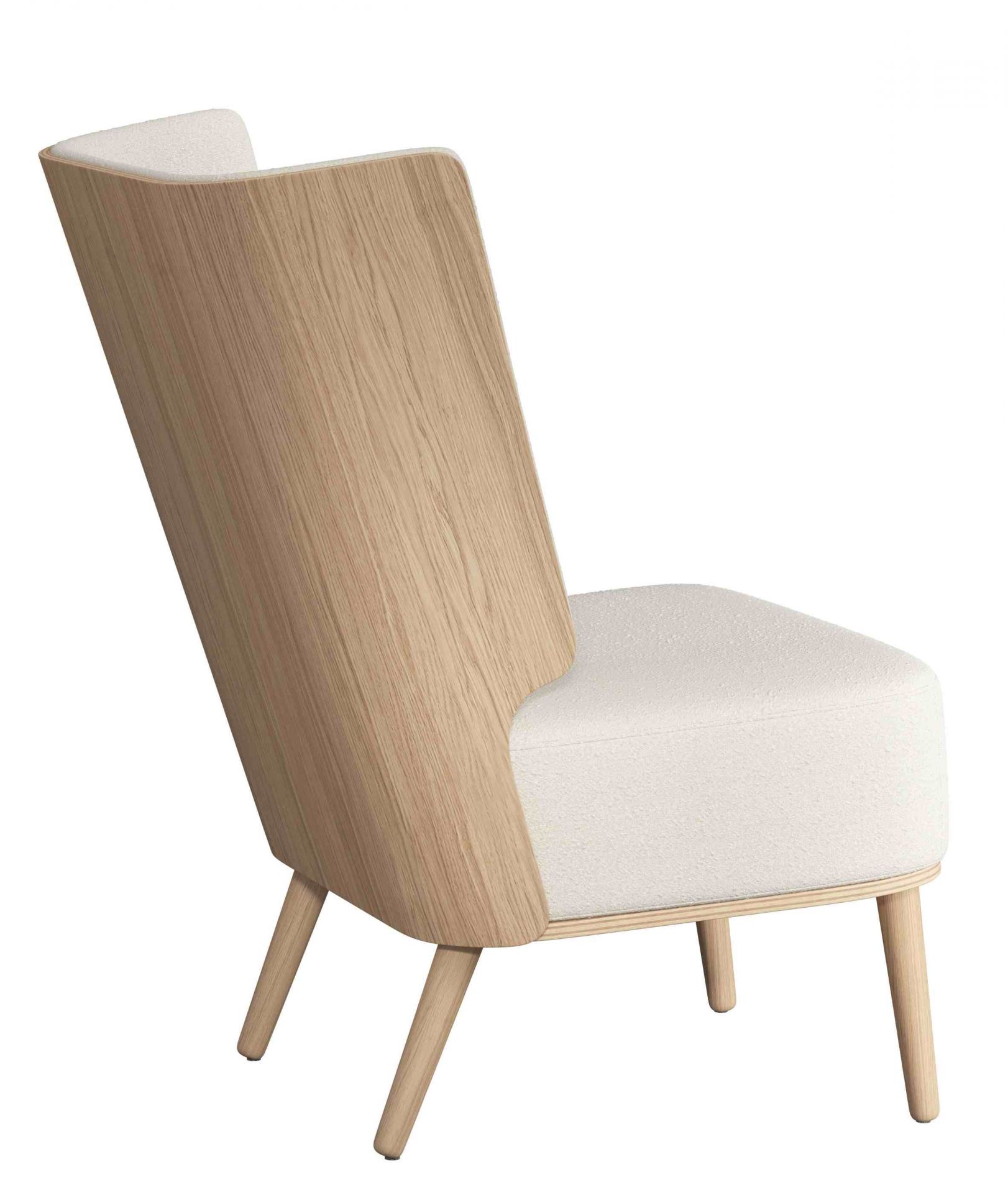 Serena Lounge Chair Sessel aus Eiche natur mit weißem Nubbio Stoff, Rückansicht.