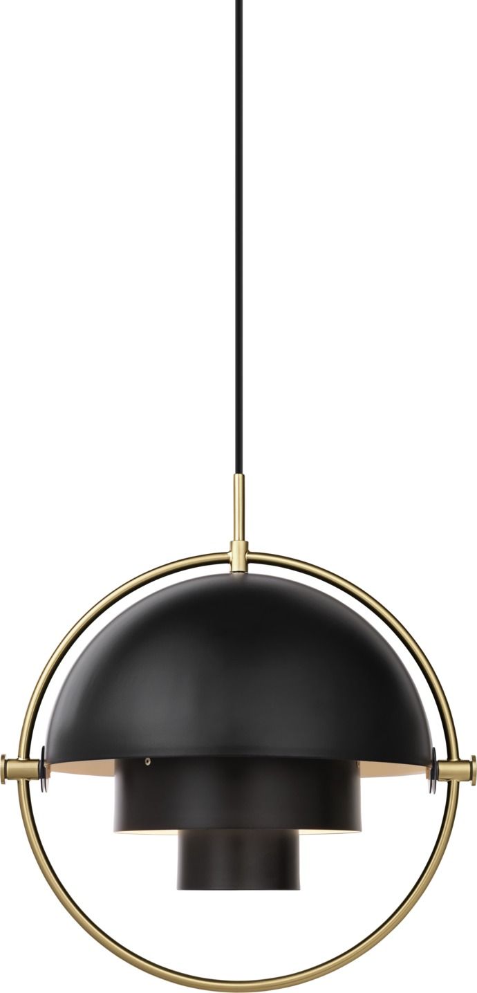 Schwarze Gubi Multi-Lite Pendelleuchte mit goldenem Rahmen, modernes Design für Wohnraumbeleuchtung.