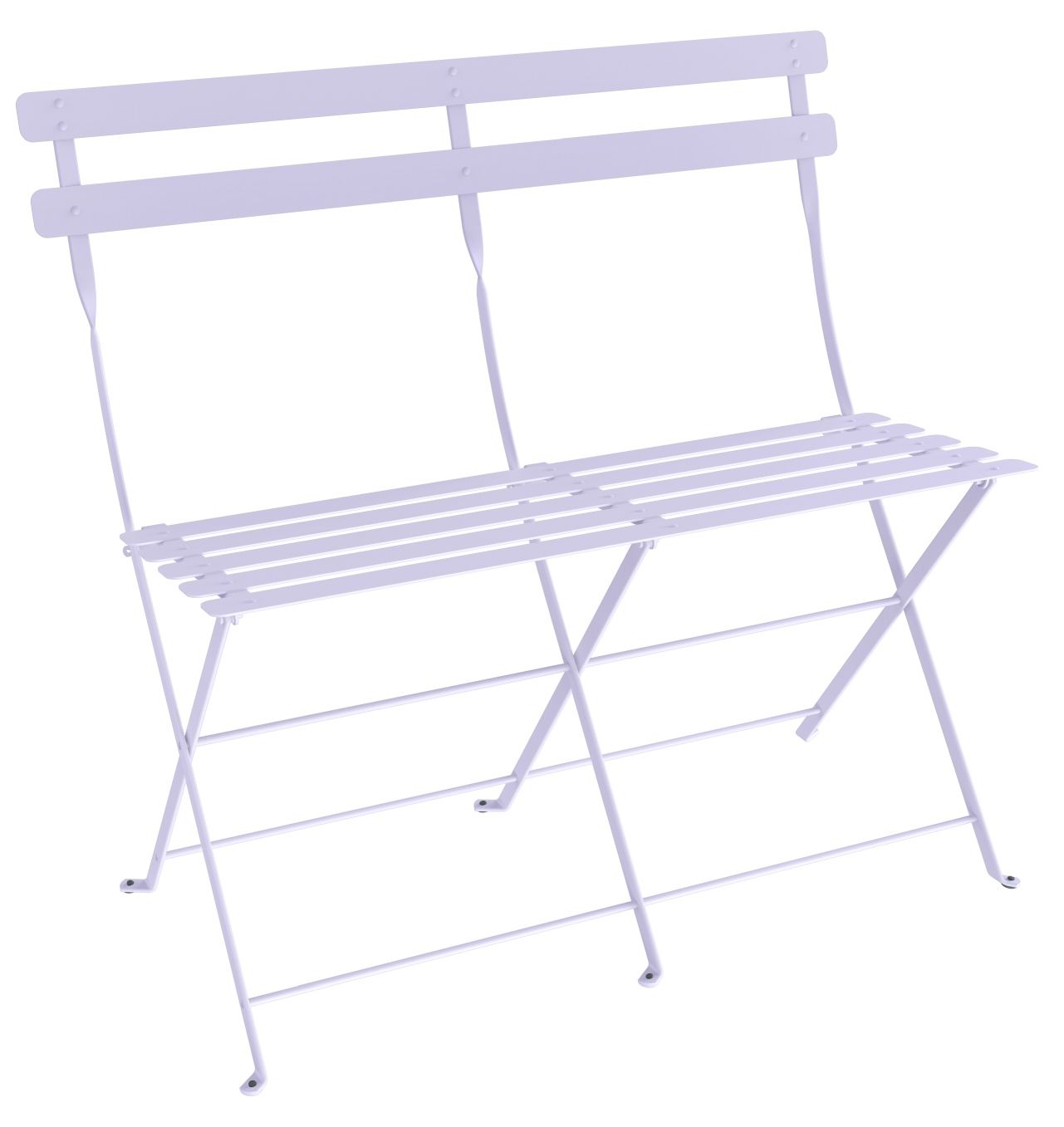 Nahaufnahme der lila Fermob Bistro 2-Sitzer Klappbank für den Außenbereich, ideal für Garten und Balkon.