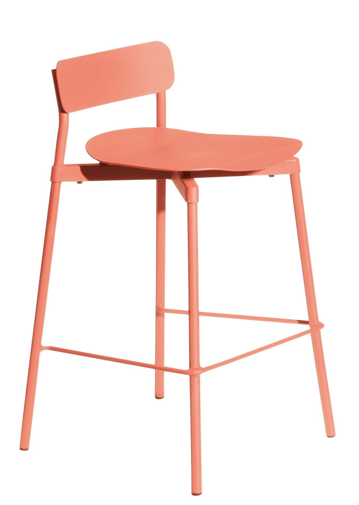 Fromme Barstool: Korallfarbener Metall-Barhocker mit Rückenlehne, H 65 cm, für Küche oder Bar.