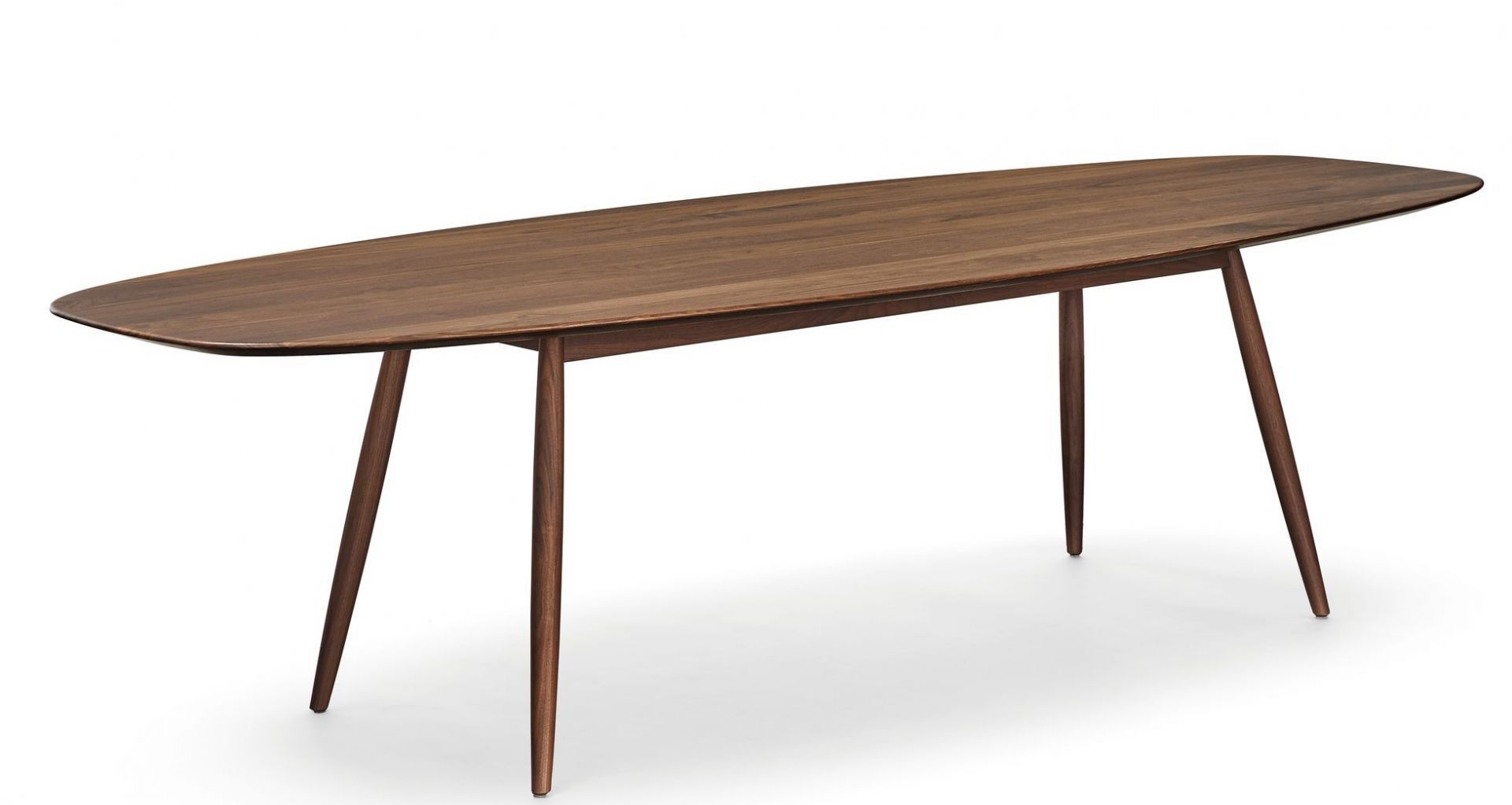 Walter Knoll Moualla Esstisch 2990 aus dunklem Holz mit ovaler Tischplatte und vier Beinen.