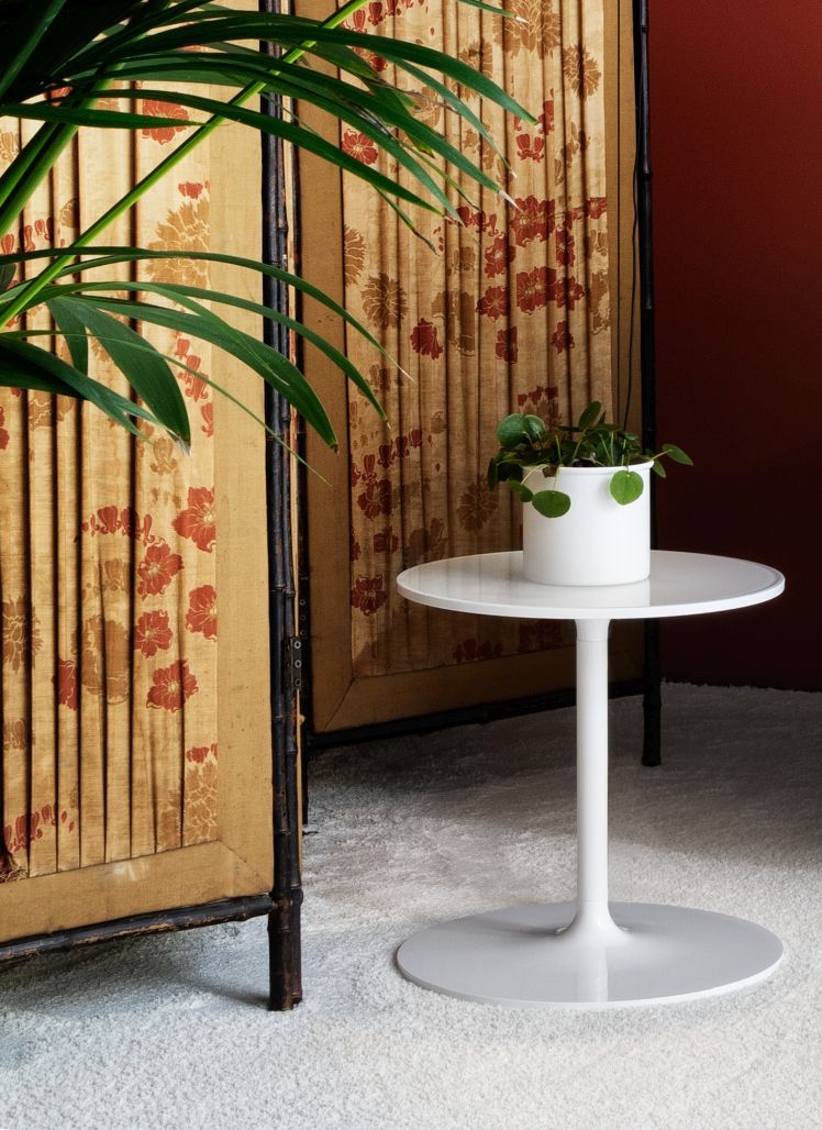 Weißer Poppy Beistelltisch mit Pflanze, runder Tisch für Wohnzimmer und Schlafzimmer.