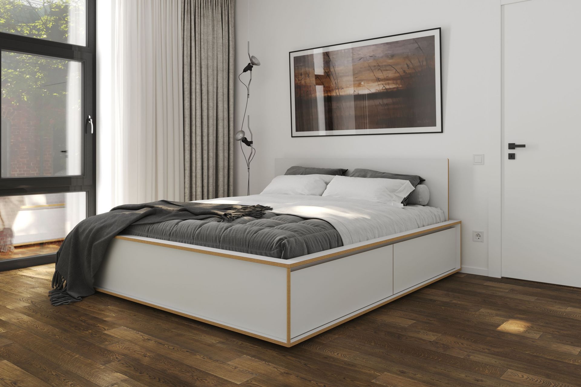 Helles Schlafzimmer mit Spaze Bett von Müller Möbelwerkstätten, Schubladen, Decke und Kissen.