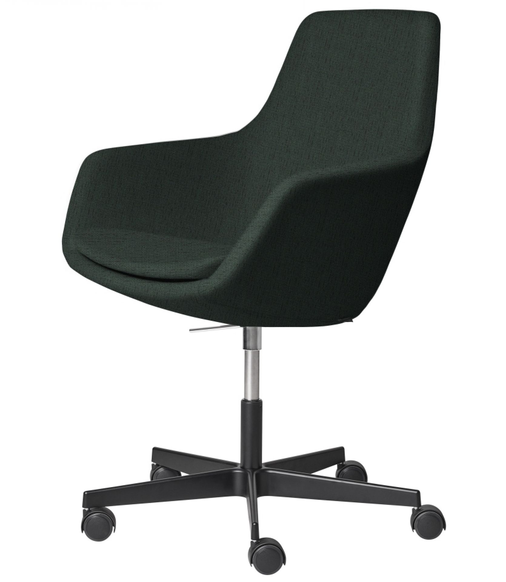 Dunkelgrüner Little Giraffe Drehstuhl von Fritz Hansen mit festem Bezug und Rollen.