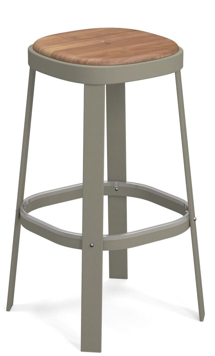 Thor Barstool von Emu, Outdoor Barhocker mit Holz-Sitzfläche und grauem Metallgestell für den Garten.