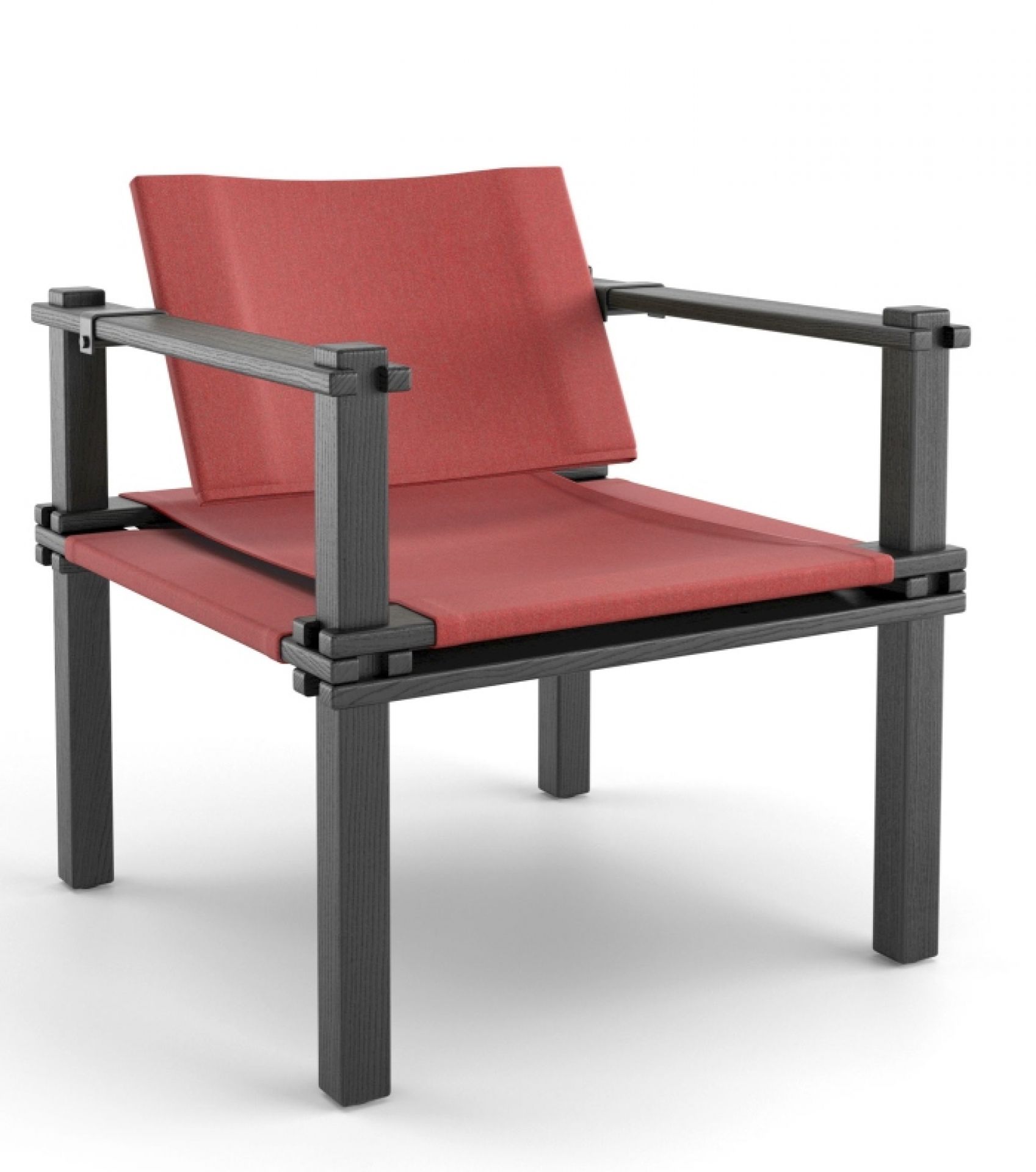 Farmer Sessel Outdoor Cor, moderner Gartensessel mit roter Stoffbespannung und dunklem Holzgestell für den Außenbereich.
