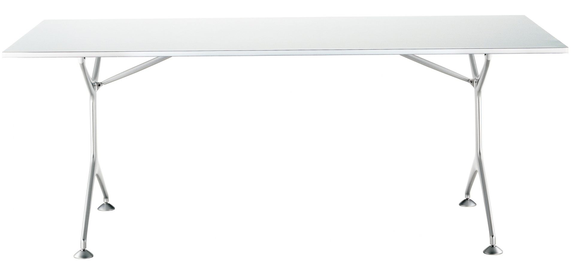 Frametable Tisch Alias: Moderner, rechteckiger Tisch mit weißer Tischplatte und filigranem, silberfarbenem Metallgestell.