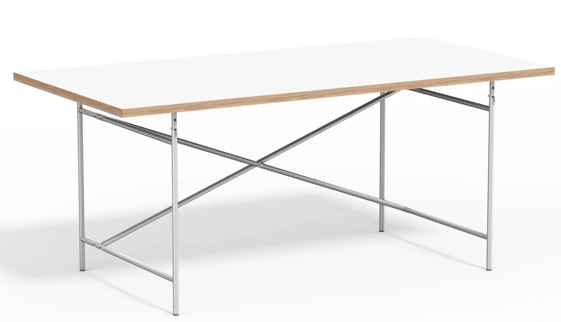 Eiermann Tisch mit weißer Tischplatte und verchromtem Stahlgestell, Designklassiker für Büro und Wohnraum.