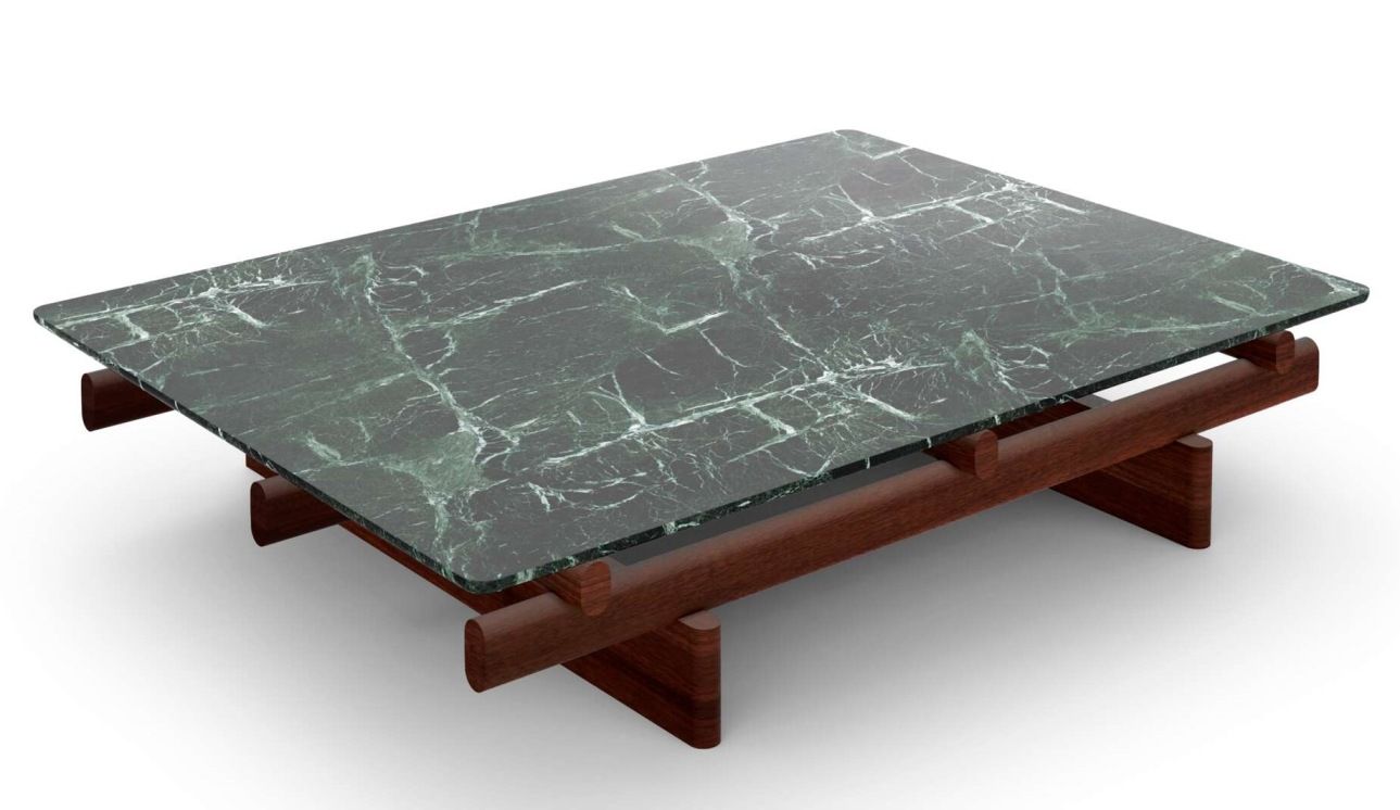 Cassina Couchtisch Sengu 564 mit rechteckiger, grüner Marmorplatte und dunklem Holzgestell.