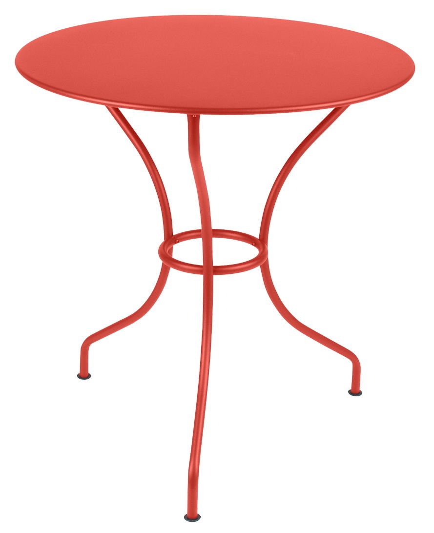 Roter Fermob Opéra+ Gartentisch für den Außenbereich, runder Metalltisch mit drei geschwungenen Beinen.