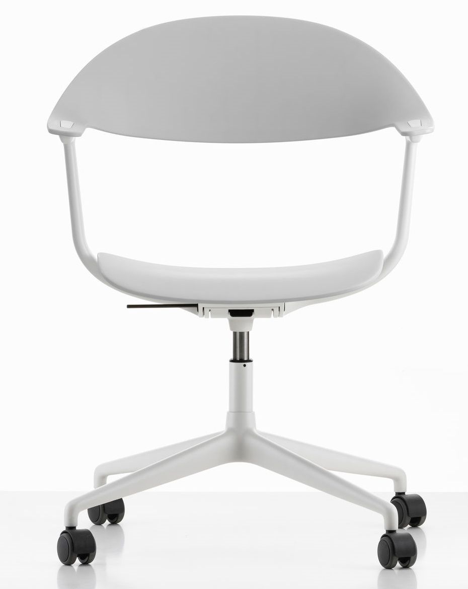 Weißer Mynt Bürodrehstuhl von Vitra mit Rückenlehne und Sitz aus Kunststoff, Ansicht von vorne.