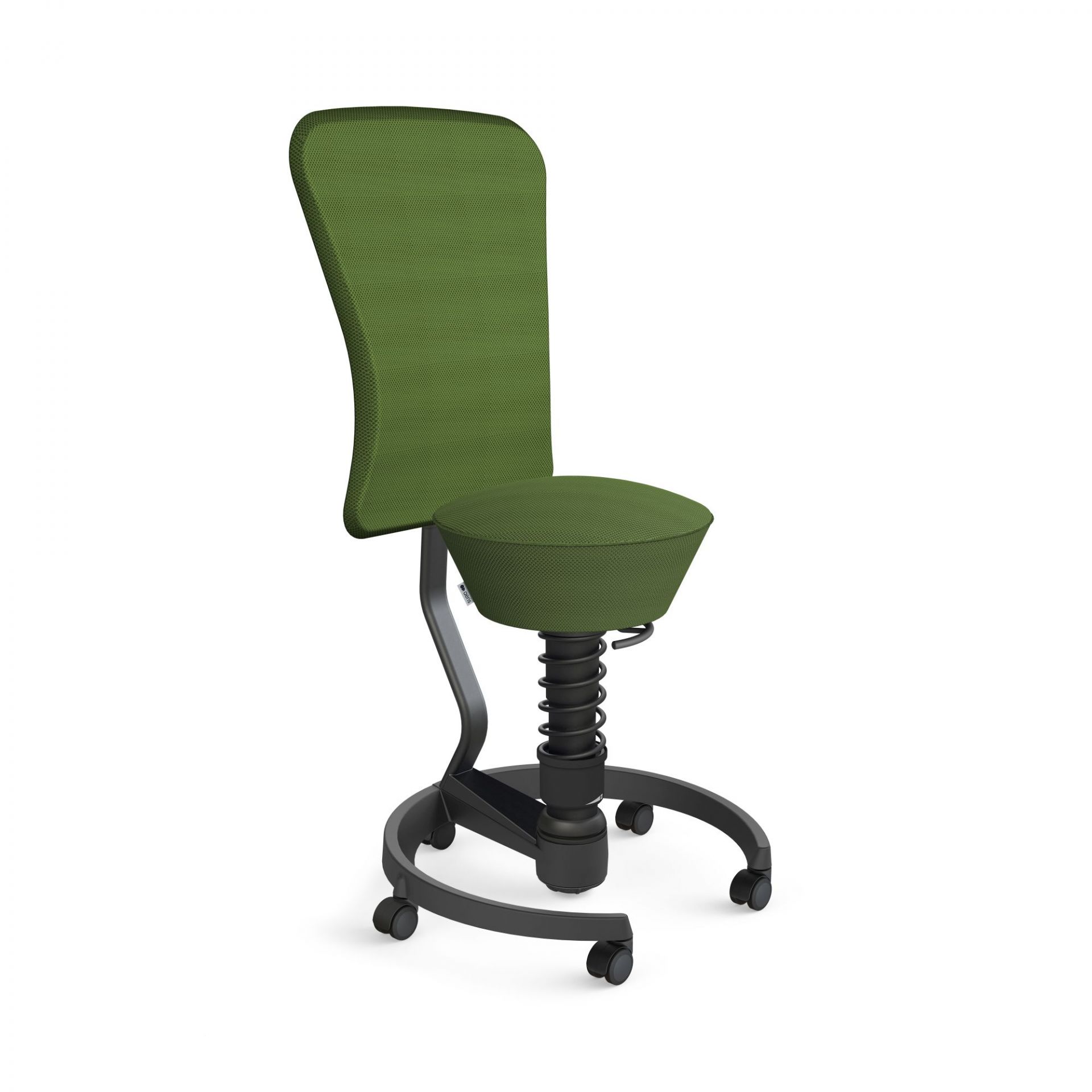 Grüner Swopper Work Hocker Aeris mit Rückenlehne und Rollen für ergonomisches Sitzen.
