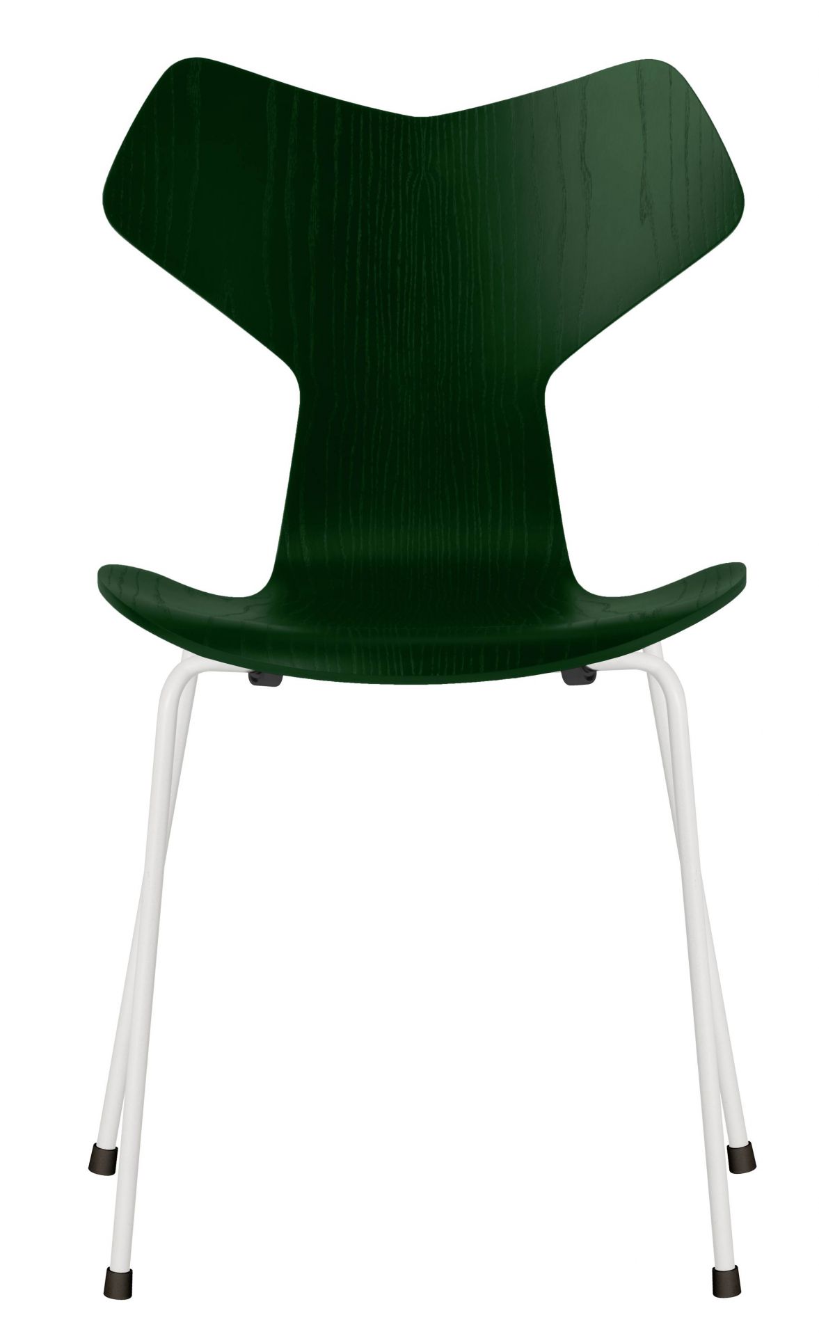 Grüne Fritz Hansen Grand Prix Stuhl mit Holzfurnier und weißen Metallbeinen, Frontansicht.