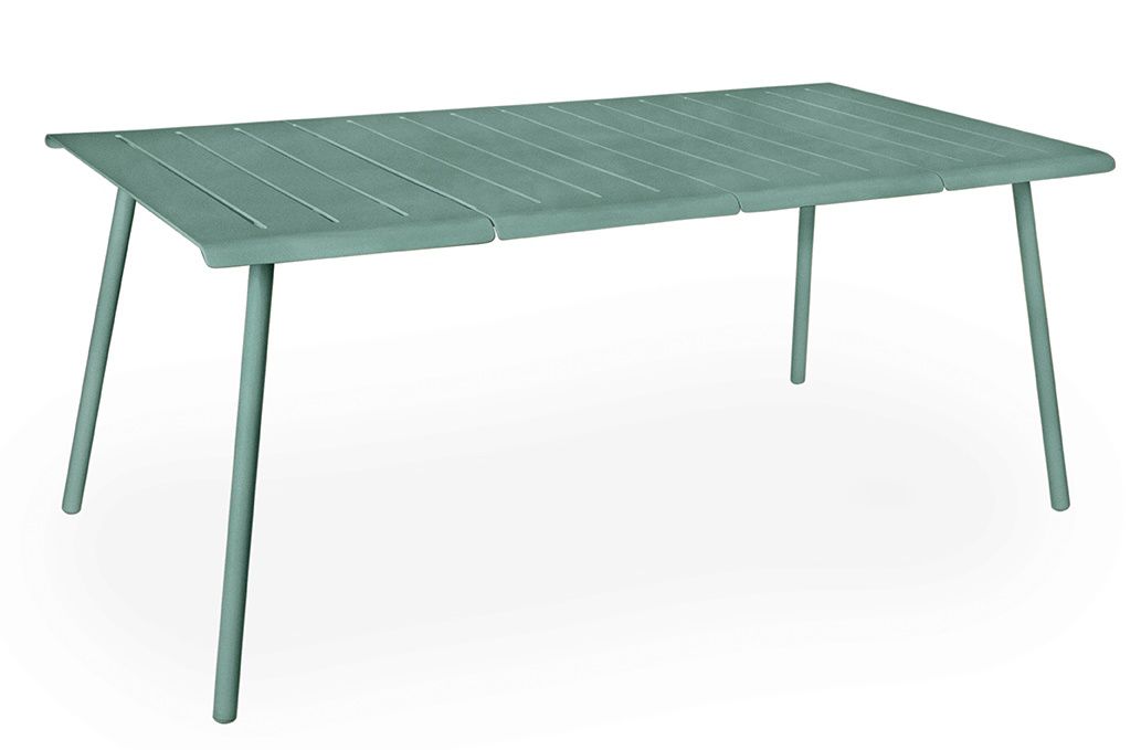 Vapio Tisch Outdoor von Weishäupl, moderner Gartentisch aus Metall in Grün mit gerippter Tischplatte.