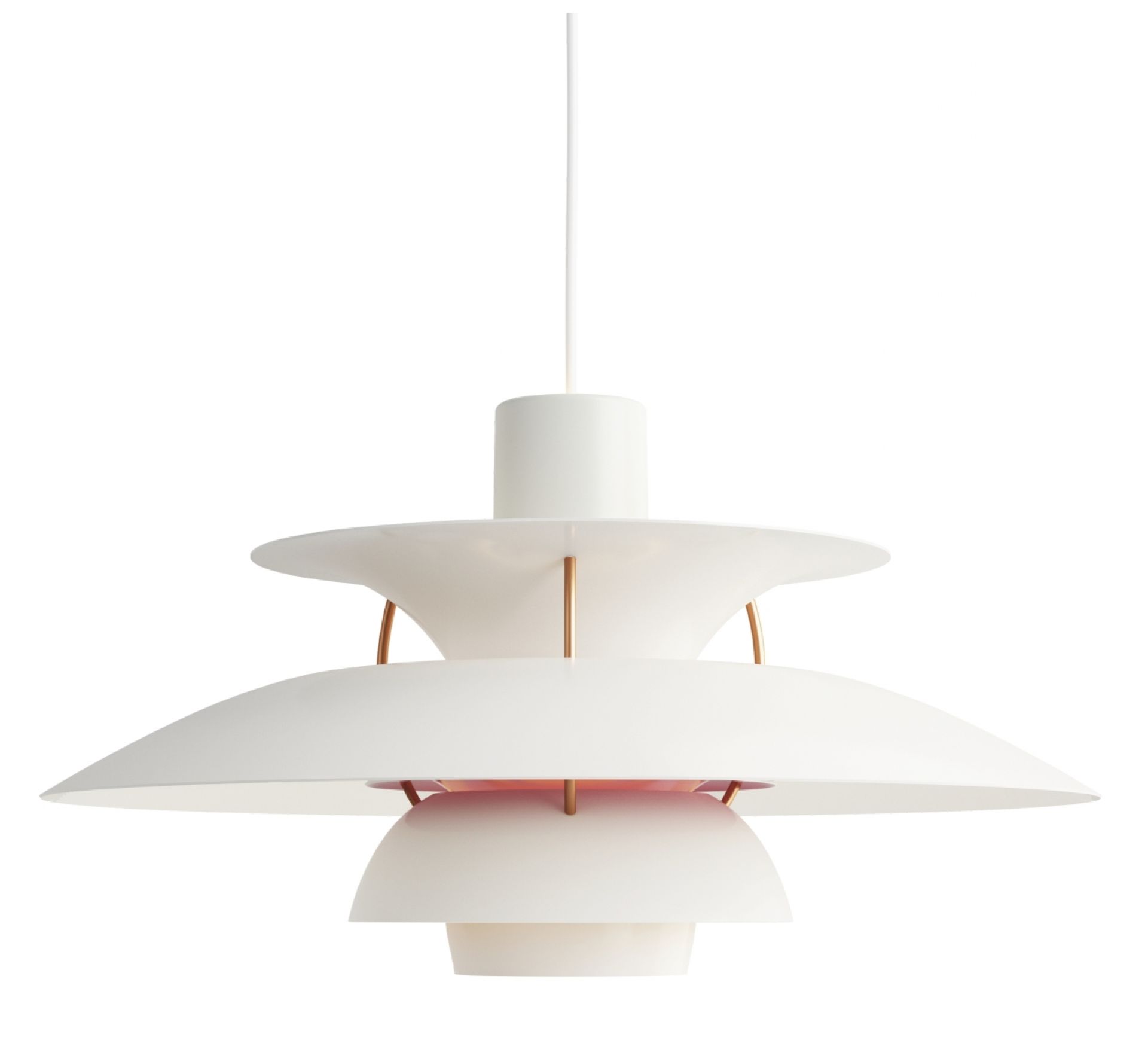 Weiße PH 5 Pendelleuchte von Louis Poulsen, Designklassiker für stilvolle Beleuchtung im Wohnraum.