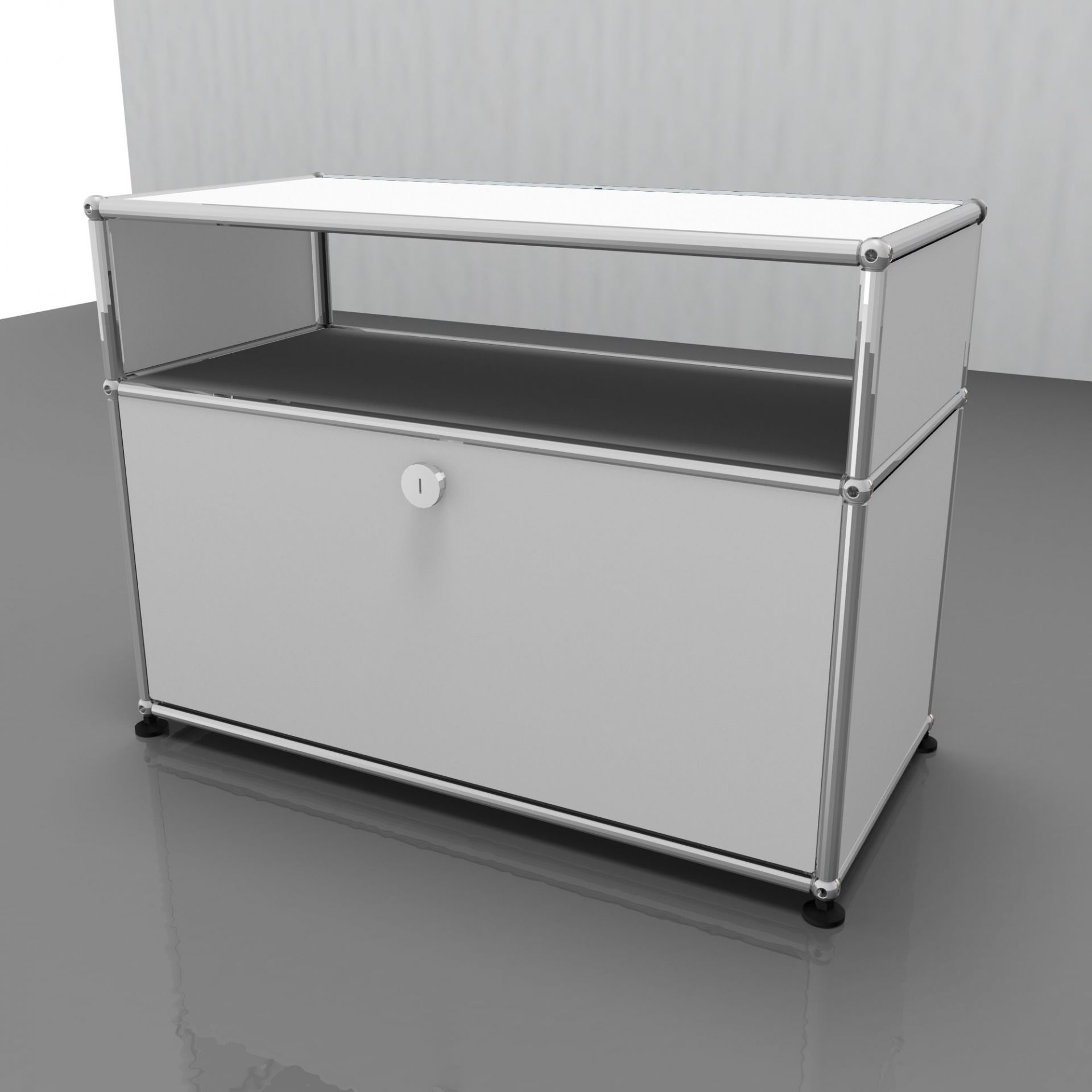 USM Haller Beistellmöbel in Weiß mit Schublade und offenem Fach, modernes modulares Design.