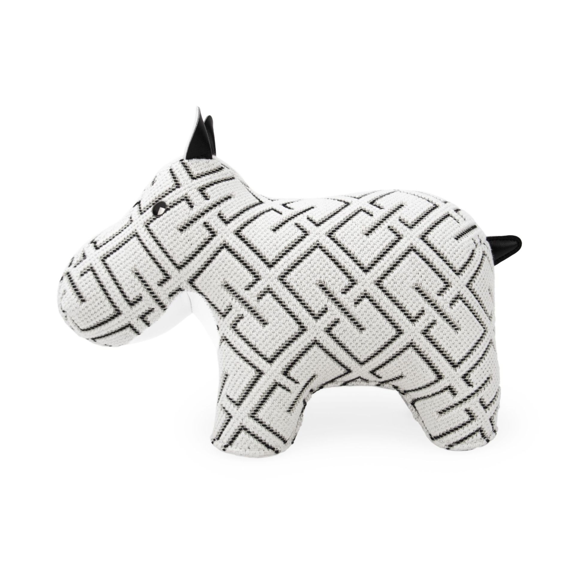 Weiße Hippo Buchstütze mit schwarzem geometrischem Muster, Zuny x KVADRAT Design, modernes Wohnaccessoire für Bücherregale.