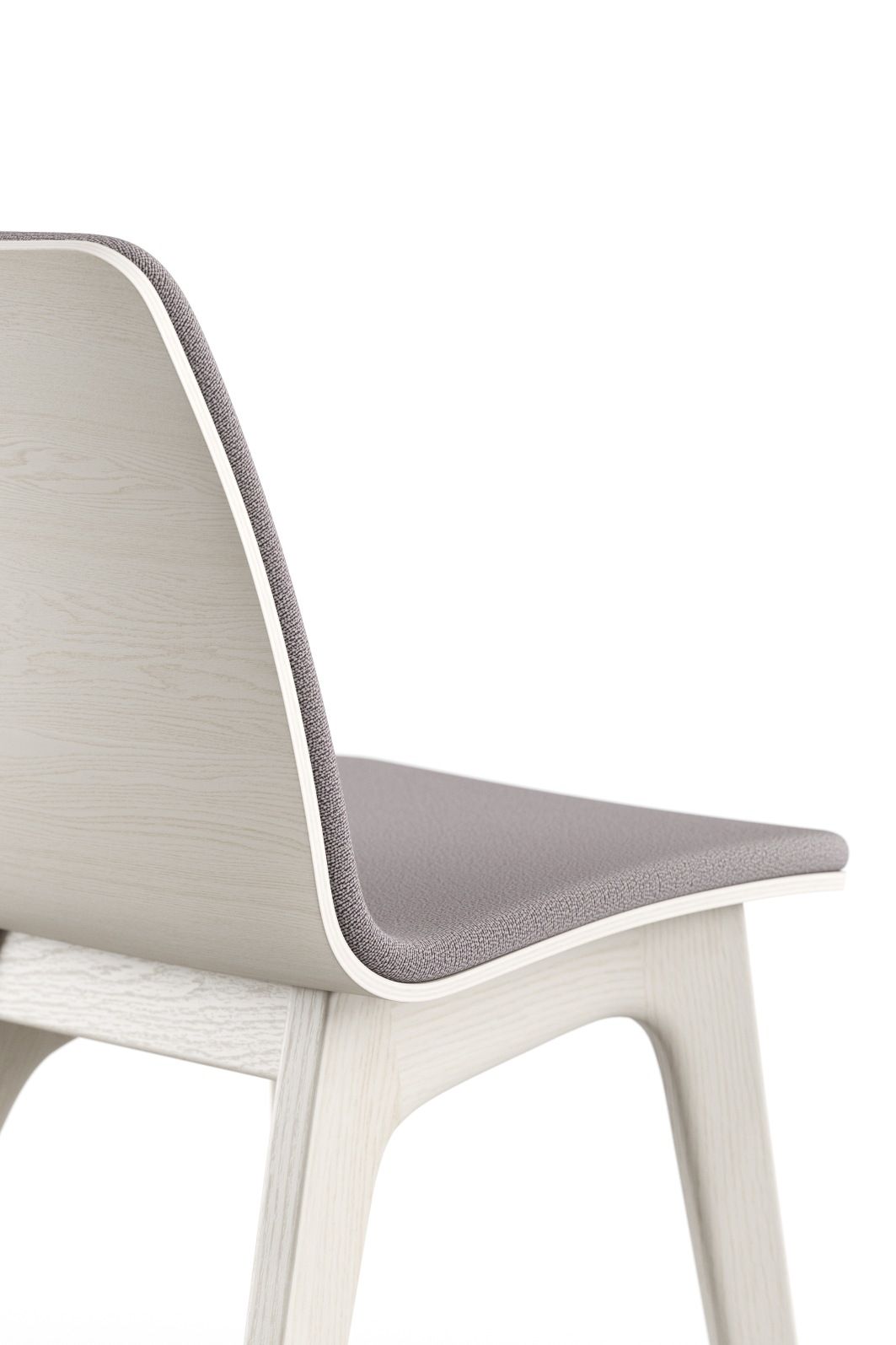 Detailaufnahme von Morph Holzstuhl mit grauem Sitzpolster, helle Holzbeine, modernes Design für Esszimmer und Büro.