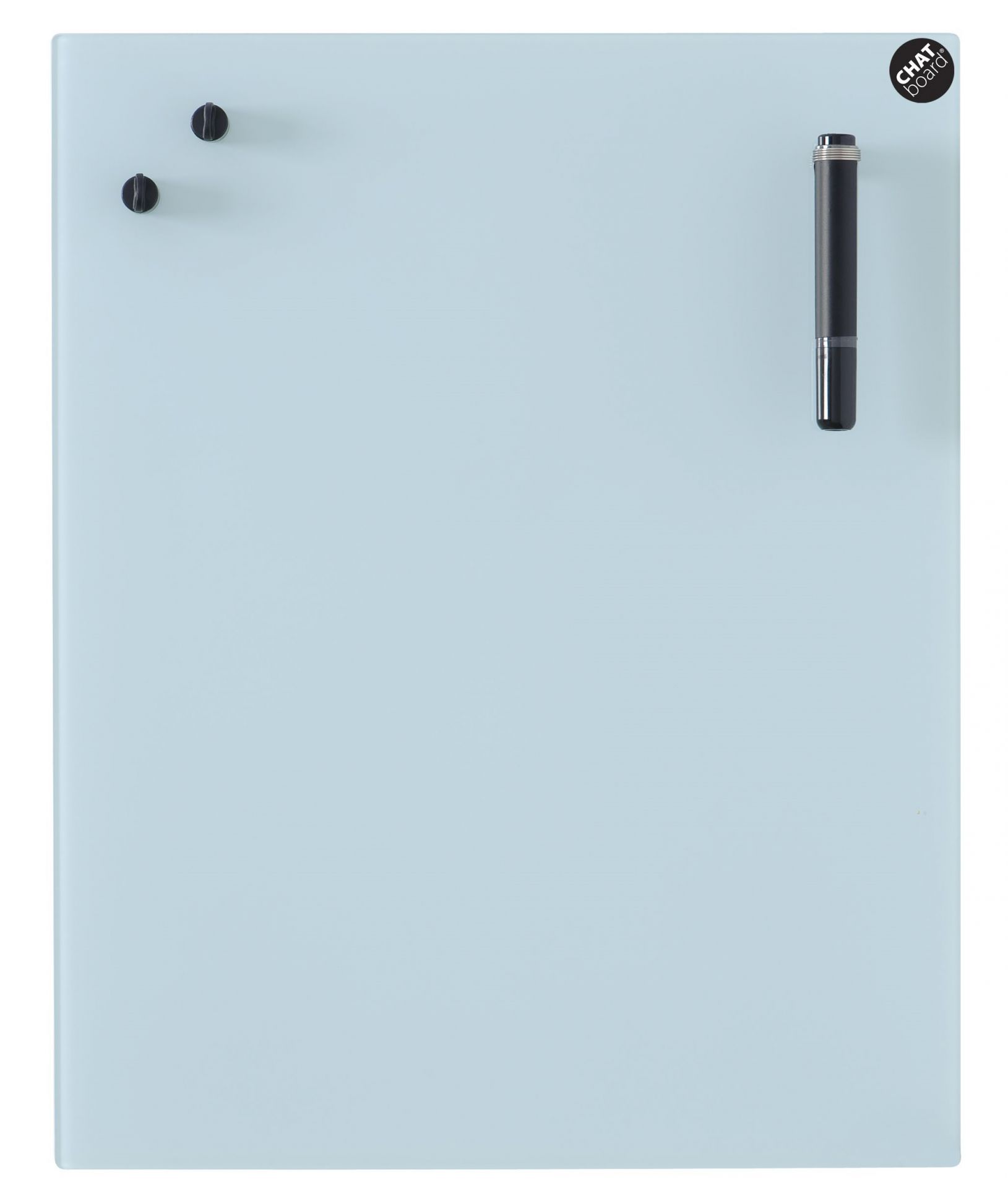 Chat Board Classic Wandtafel aus Glas in Hellblau mit Magneten und Stift.