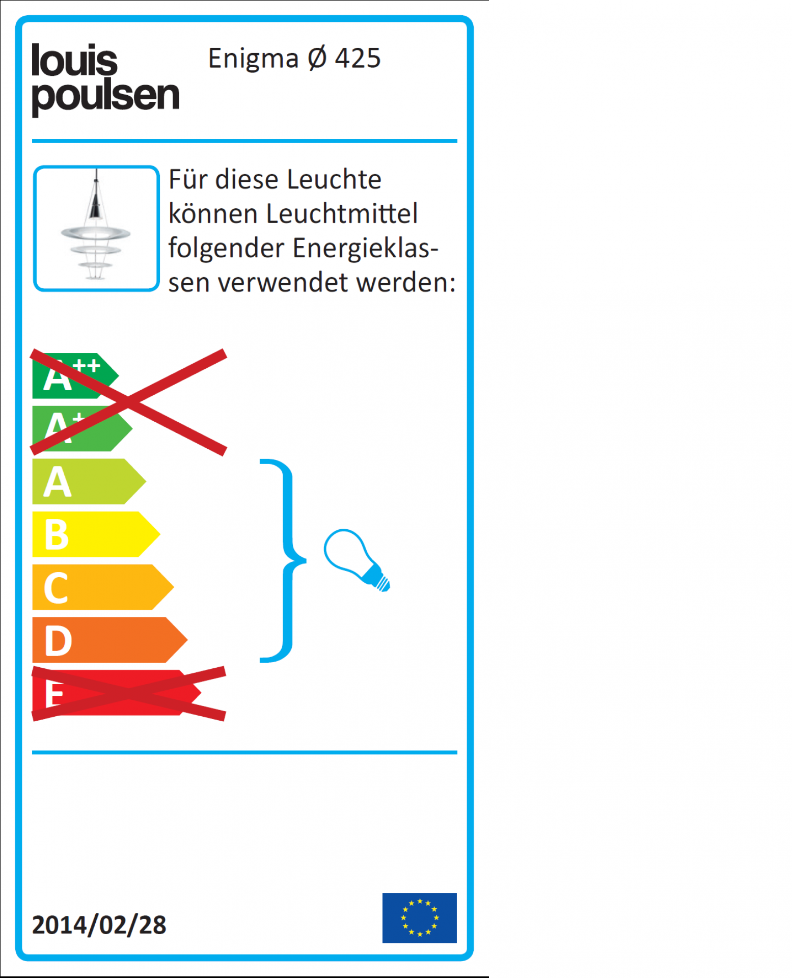 Energieetikett für Louis Poulsen Enigma 425 Pendelleuchte, zeigt Energieeffizienzklasse A bis E.
