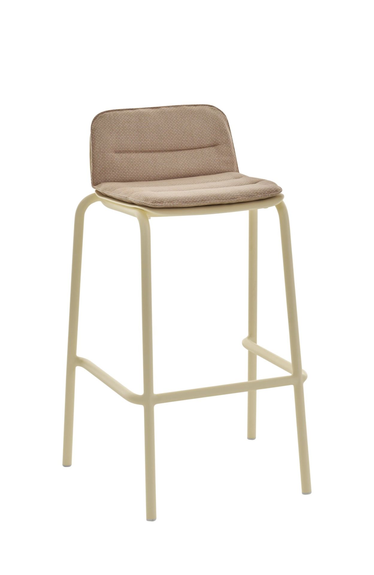 Vapio Barstool Barhocker von Weishäupl, Outdoor-geeignet, mit beigem Sitzkissen und hellem Gestell.