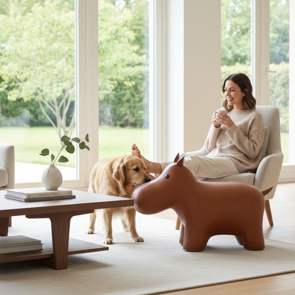 Frau mit Hund und Ledertier XXL Hippo Zuny im Wohnzimmer, modernes Design, braunes Leder.