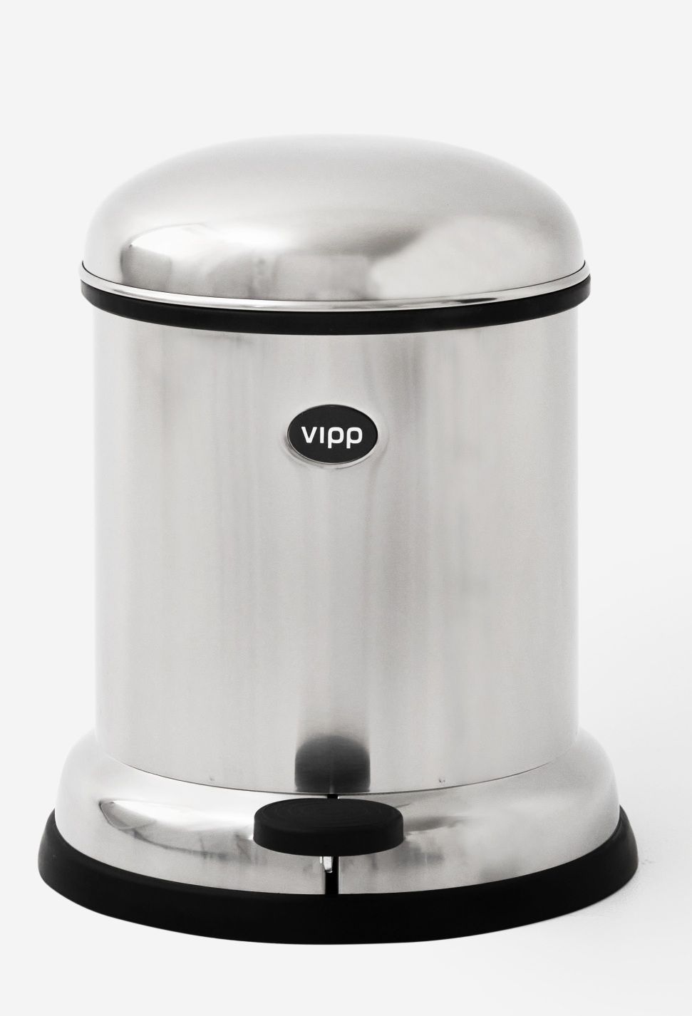 Bild eines Vipp Treteimers, 4 Liter, aus gebürstetem Edelstahl mit schwarzem Fuß.
