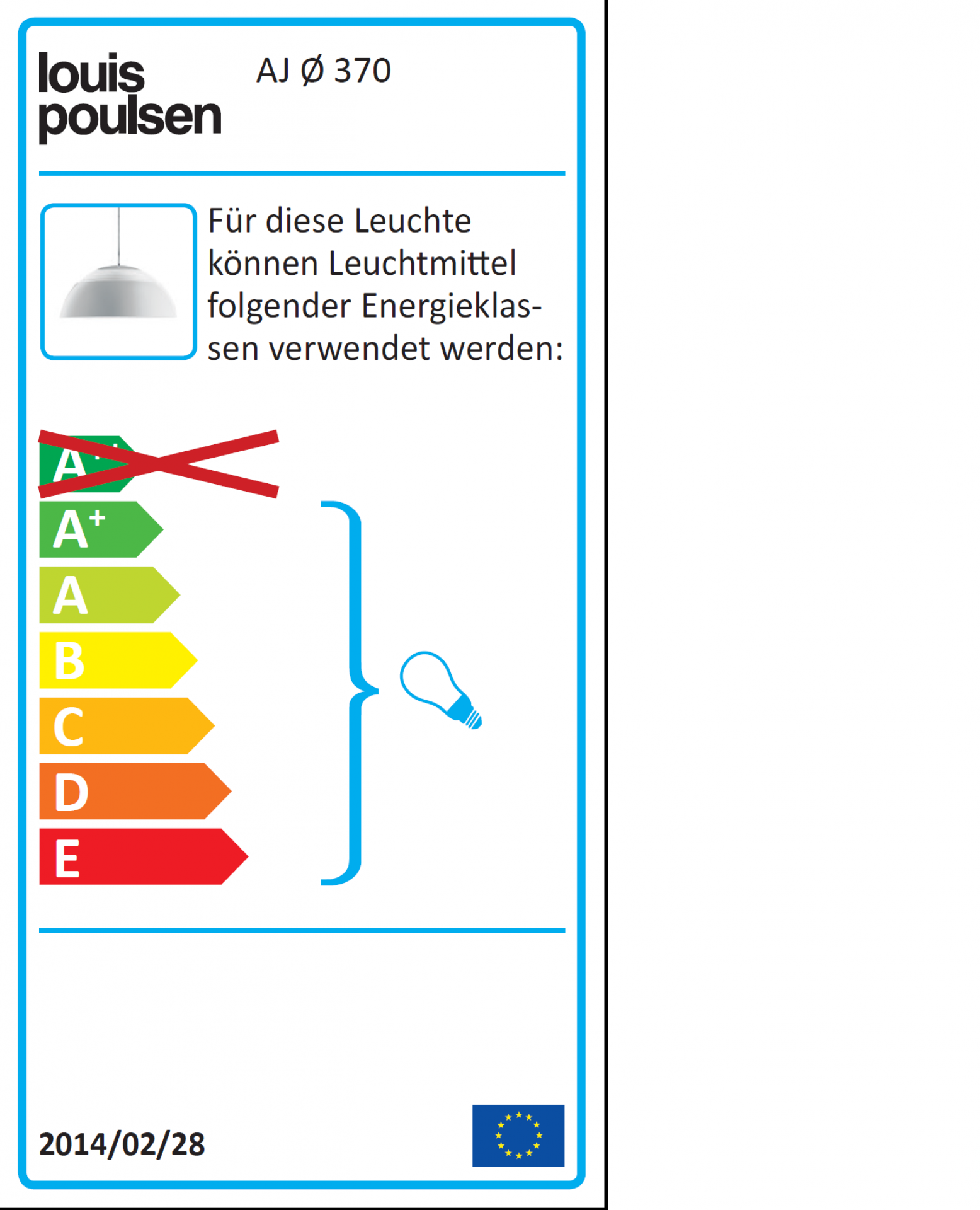 Energielabel der Louis Poulsen AJ Royal Pendelleuchte mit Energieeffizienzklassen und Leuchtmittelinformationen.