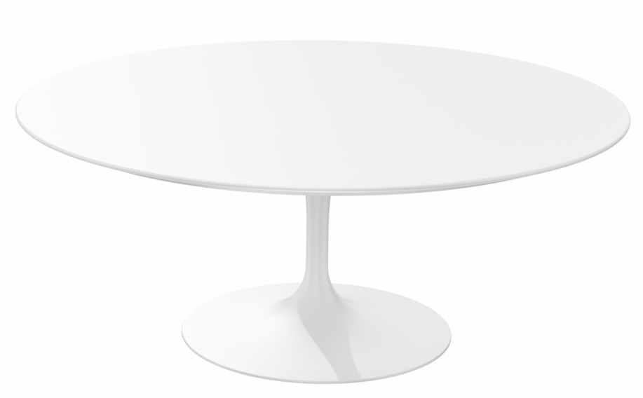Weißer Saarinen Couchtisch von Knoll International mit runder Tischplatte und trompetenförmigem Fuß.