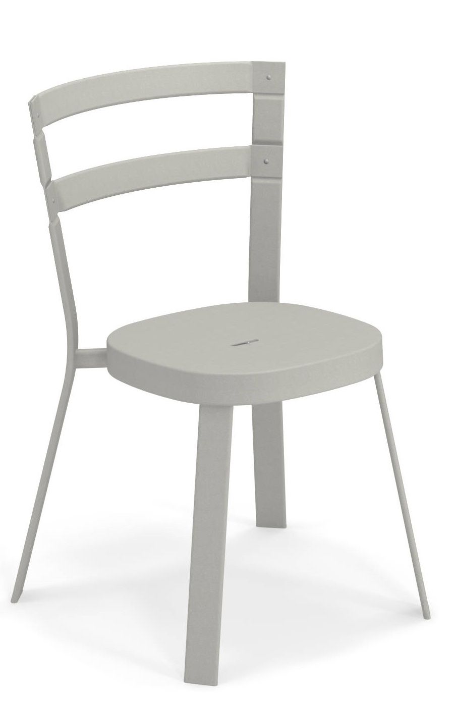 Thor Chair Stuhl Outdoor Emu, grauer Gartenstuhl mit runder Sitzfläche und Rückenlehne mit drei Querstreben.