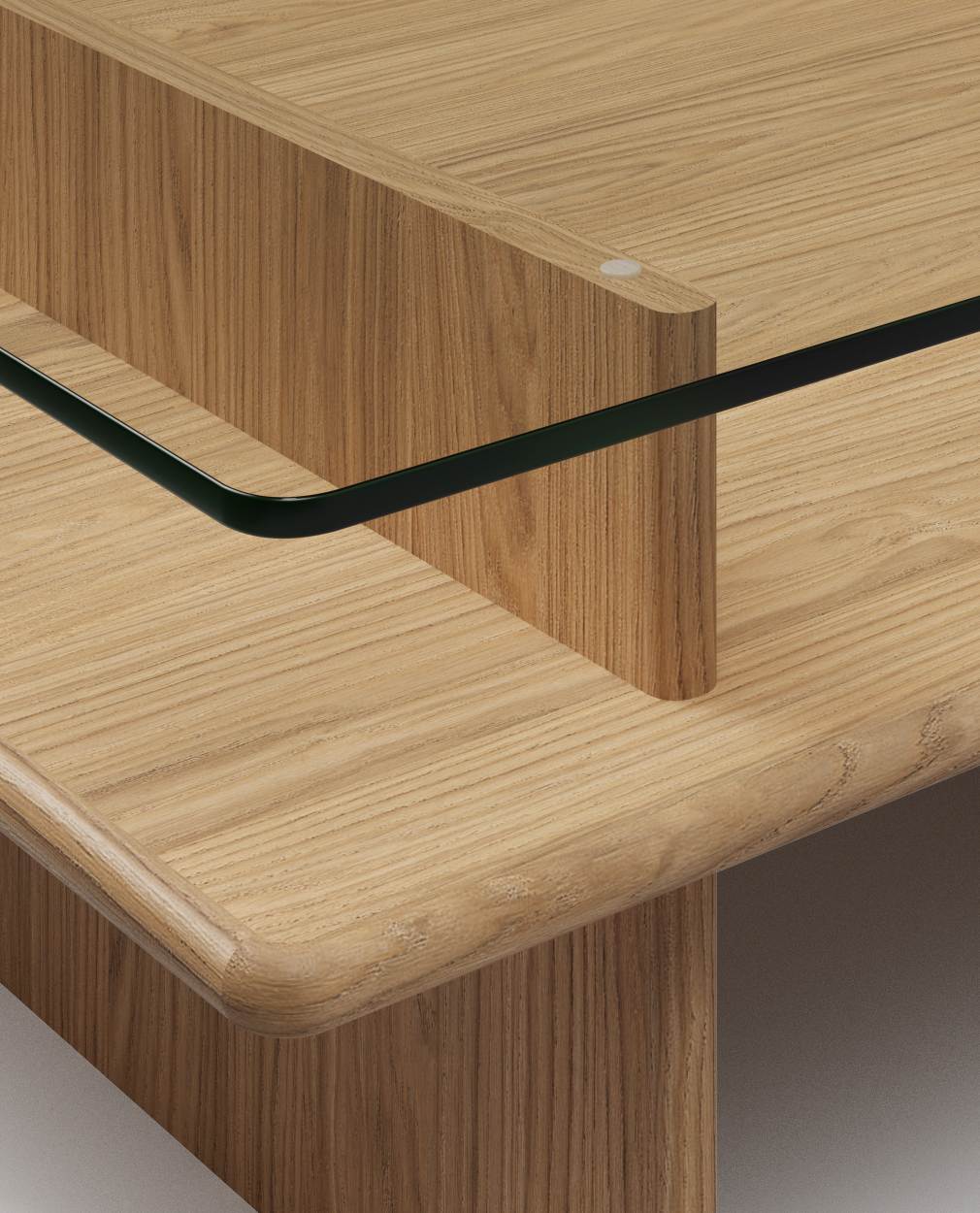 Detailaufnahme des Woud Parallel Couchtischs 90x90 cm: Holzstruktur und Glasplatte des modernen Wohnzimmertisches.