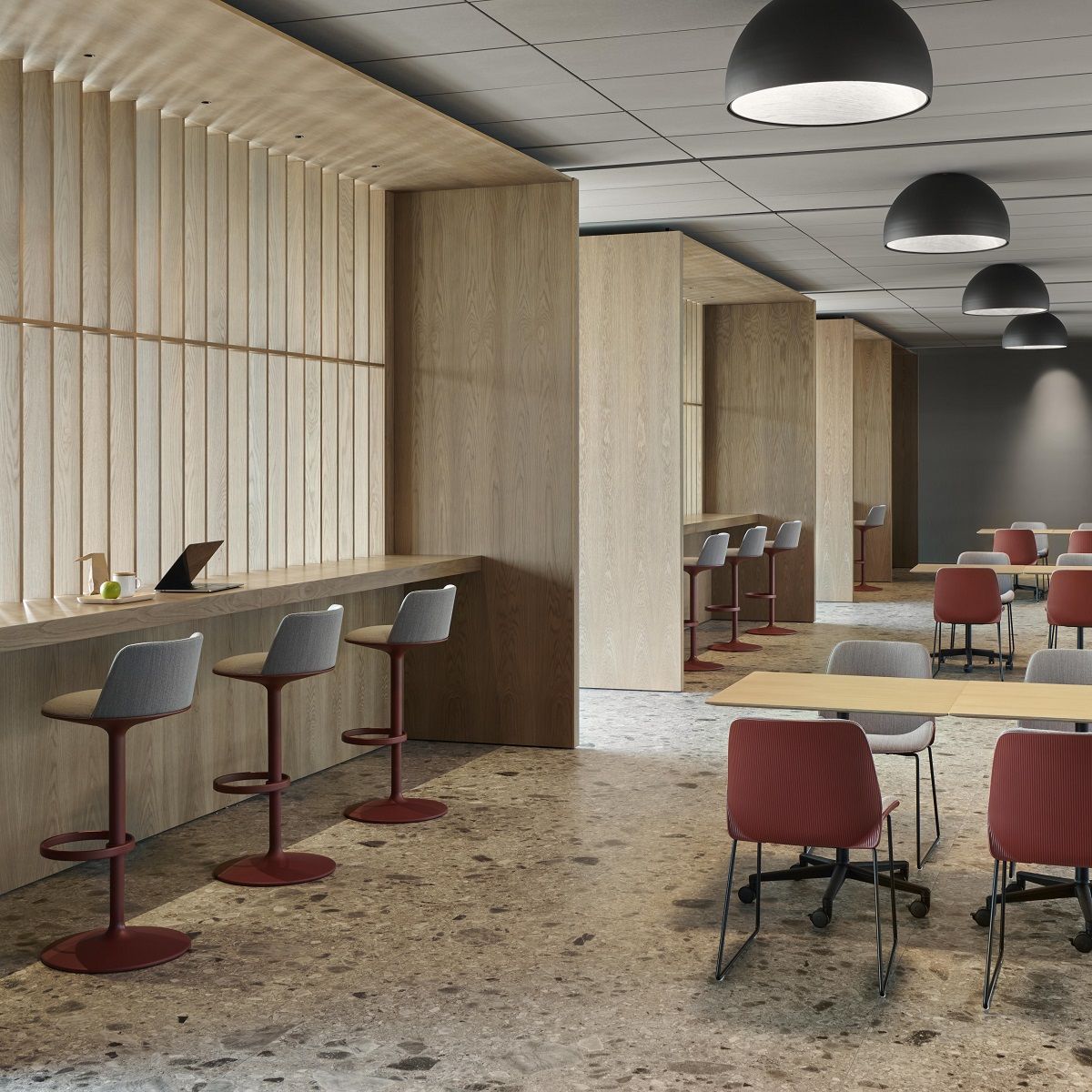 Innenaufnahme: Hula BQ2965 Barhocker von Andreu World in einem modernen Büro mit Holzelementen.